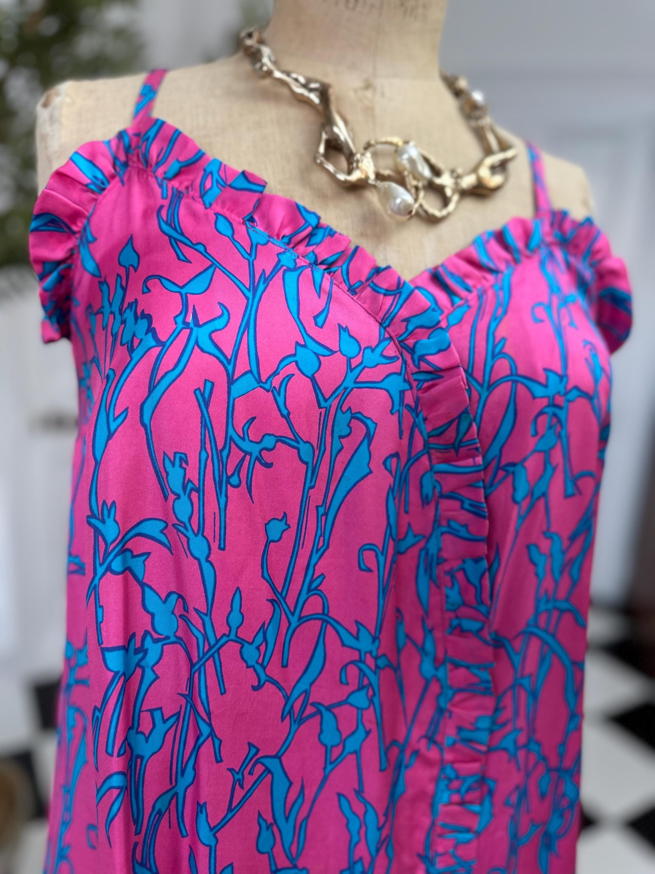 1970s Vintage silk spaghetti summer dress in hot pink and turquoise