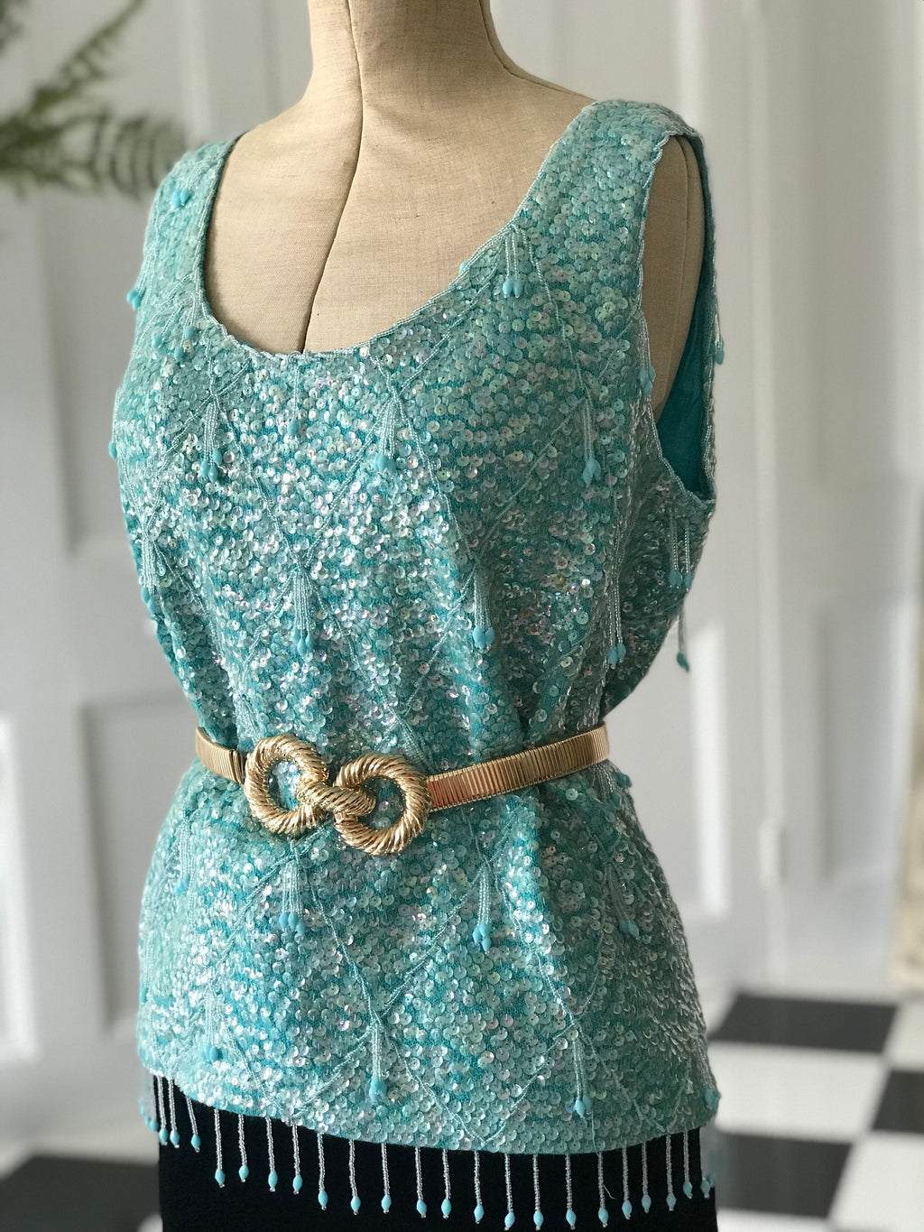 Vintage 1960s Turquoise beaded embellished wool top jumper blouse