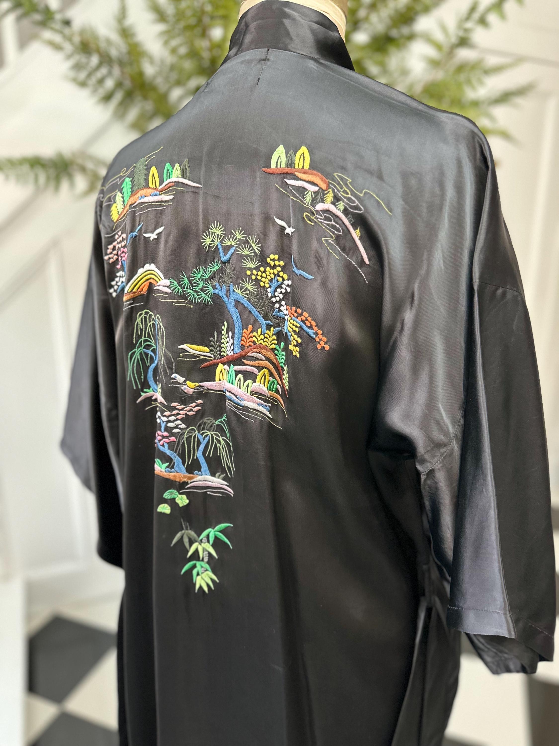Vintage 1970 black satin embroidered kimono