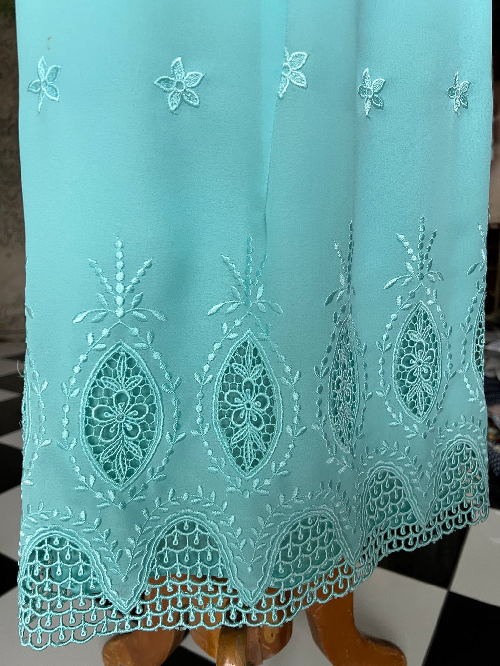 1980s Turquoise Pleated Dress: Vintage Embroidered Hem