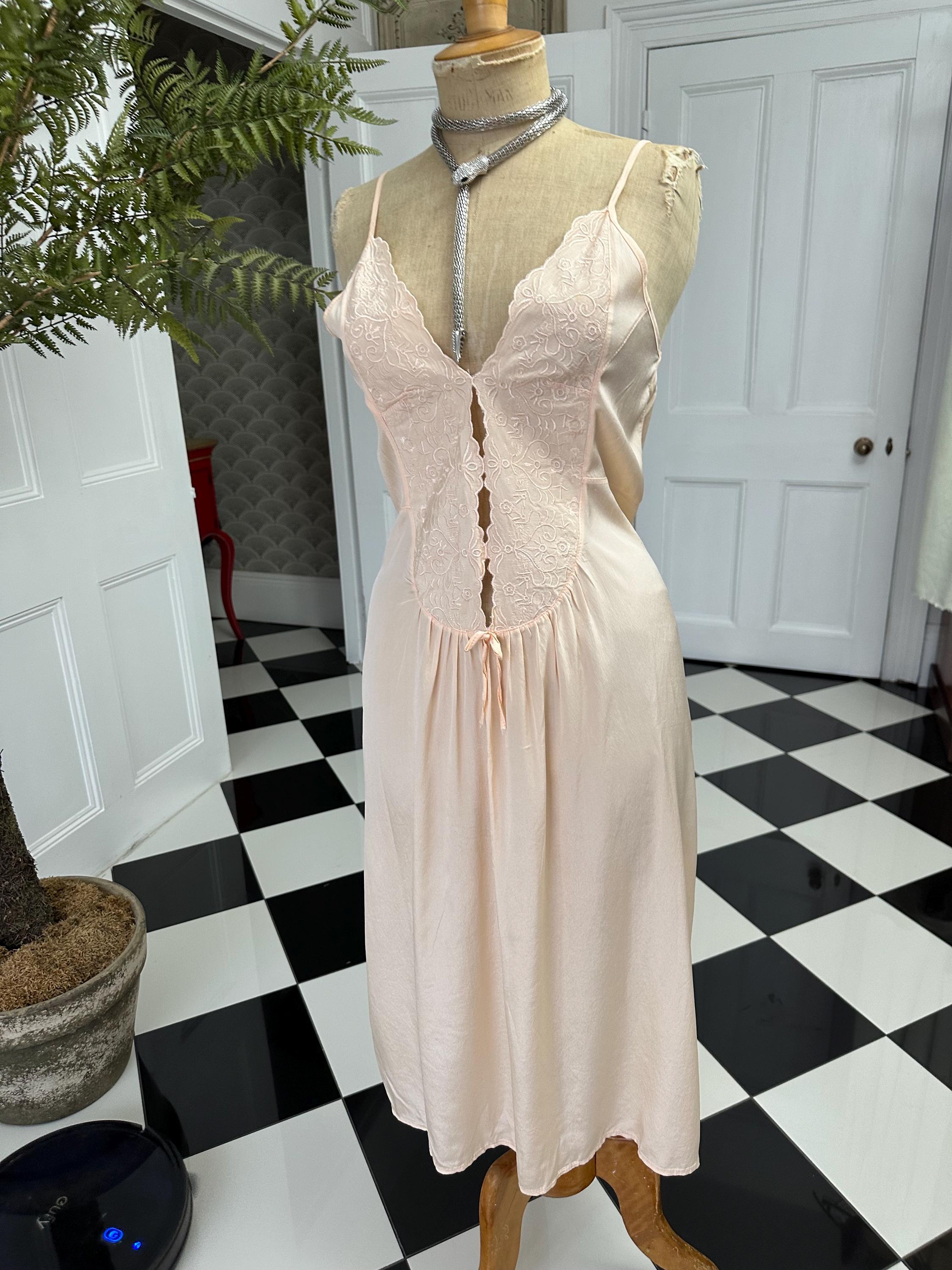 Vintage 1970s Peach Strappy Slip Dress with Heavy Embroidery