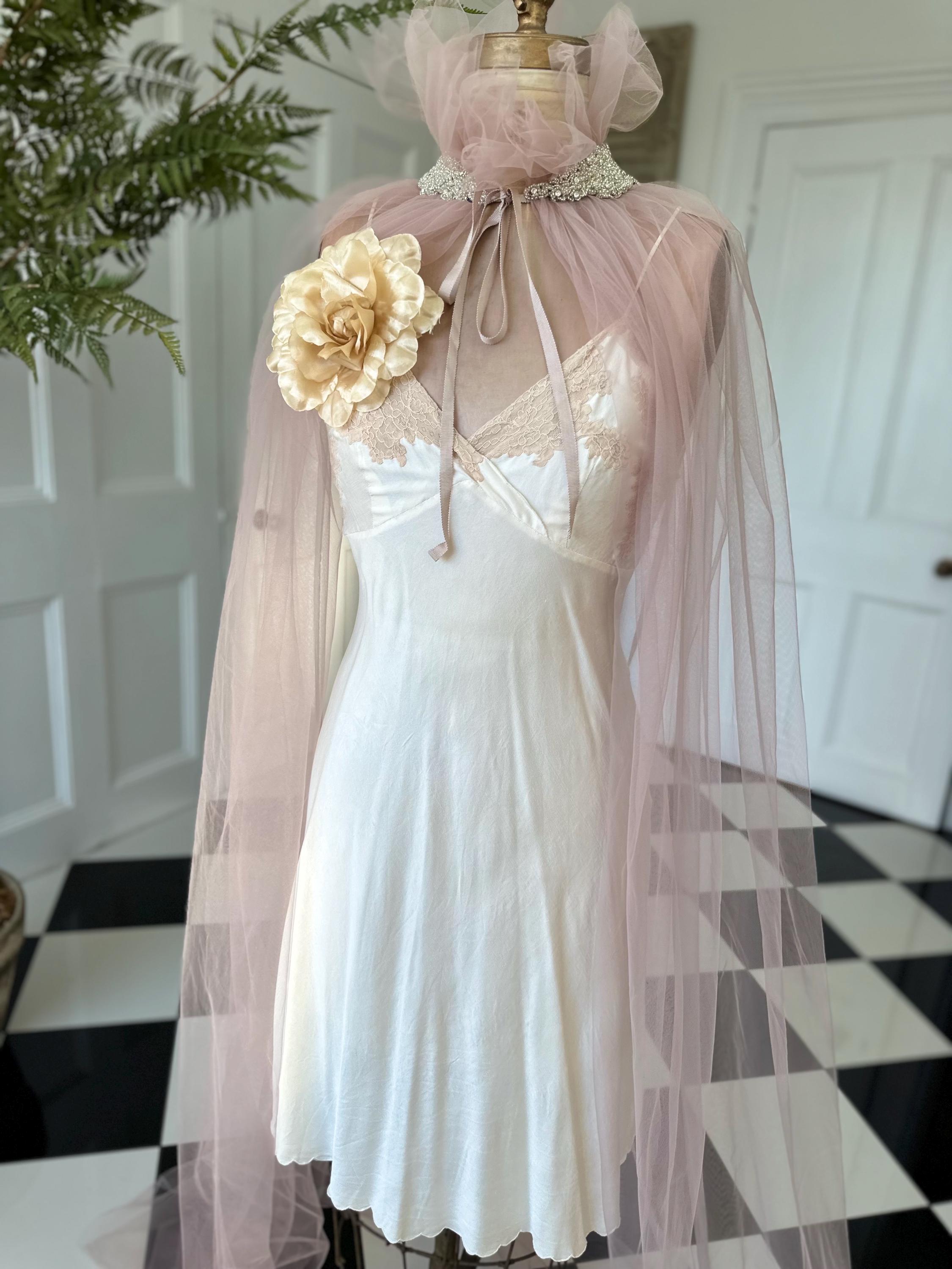 Handmade Vintage embellished soft Tulle Cape in old rose pink