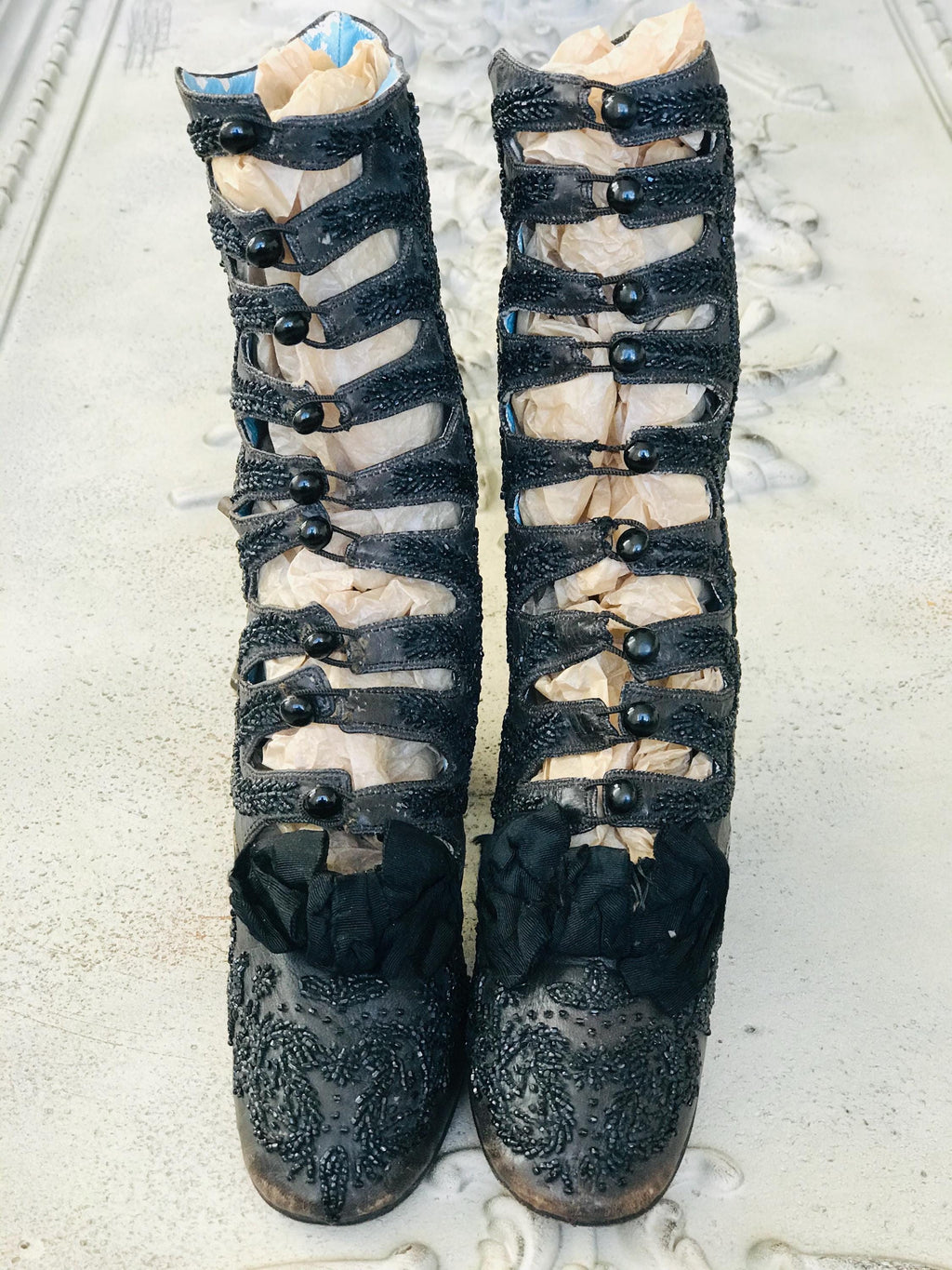 Antique Victorian shoe boots brown leather with beaded embroidery