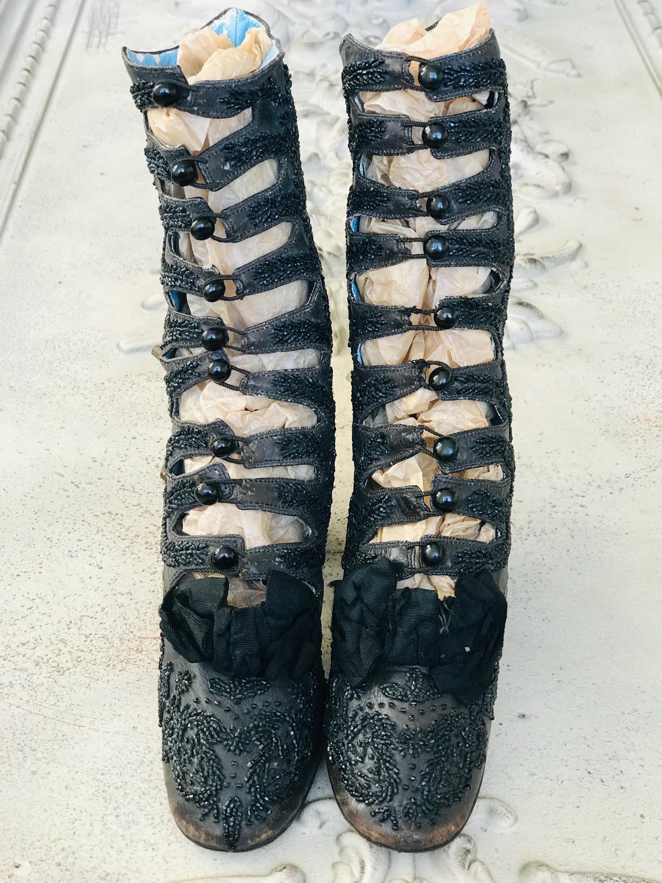 Antique Victorian shoe boots brown leather with beaded embroidery