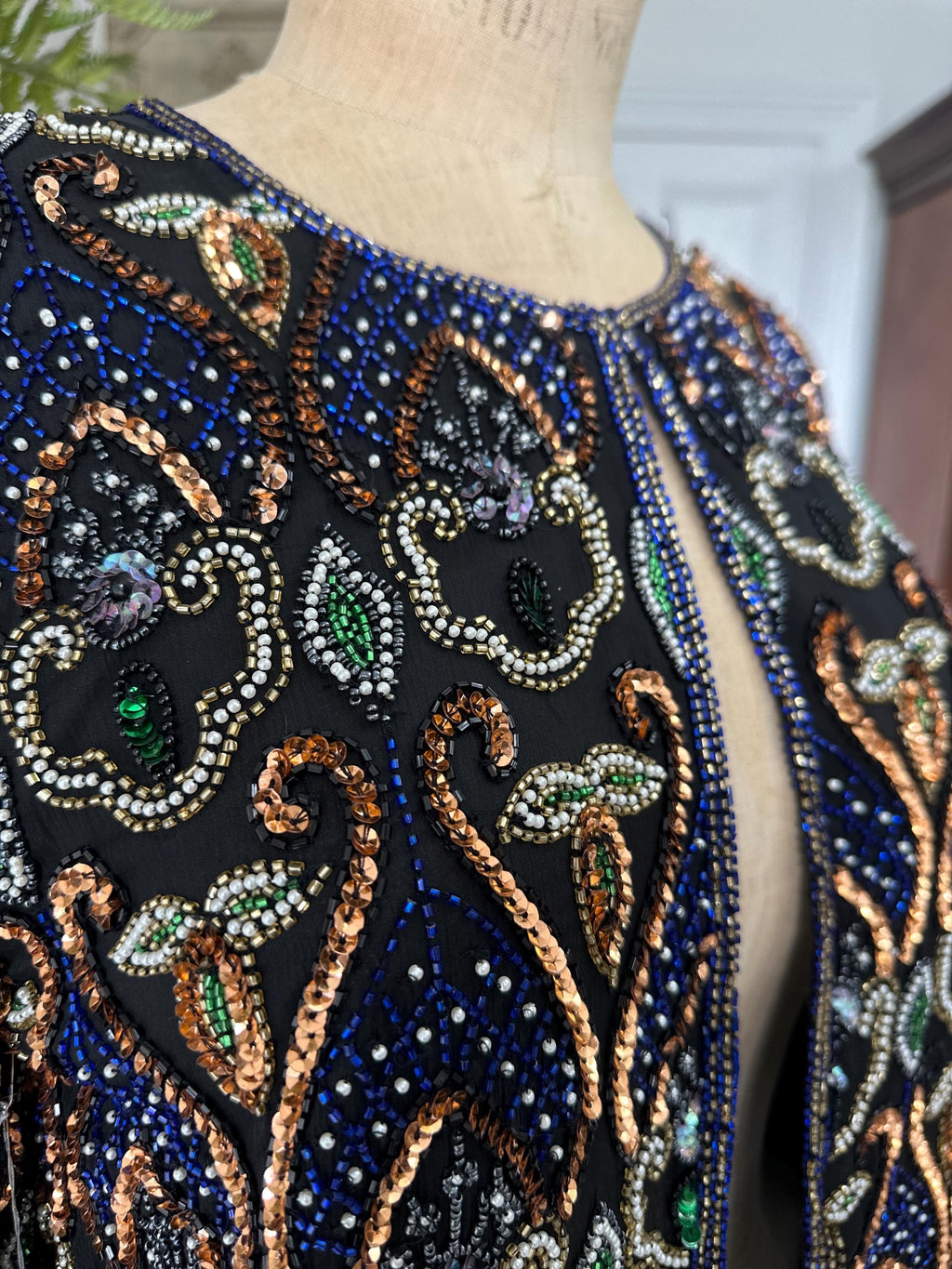 1980 Silk jacket with blue bronze pearl sequin long sleeve