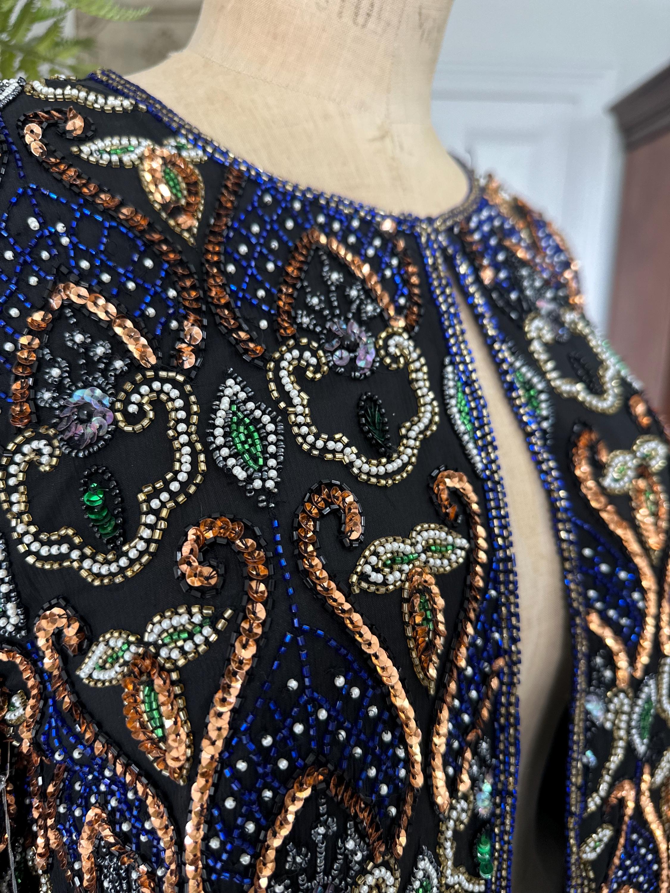 1980 Silk jacket with blue bronze pearl sequin long sleeve