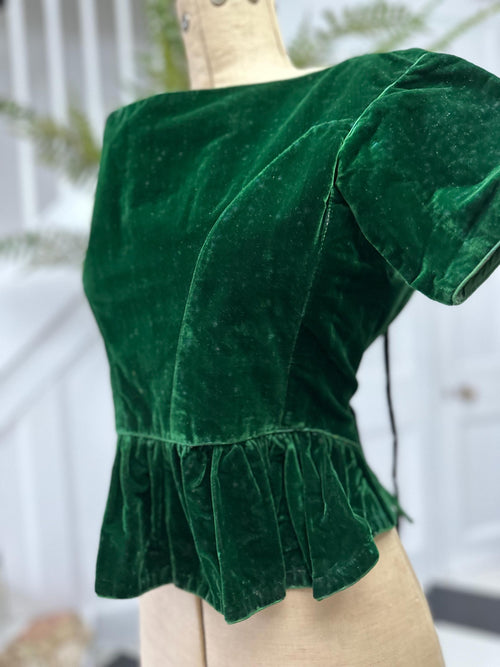 1860s Emerald Green Velvet Bodice Corset: Antique Ribbon, Collectible