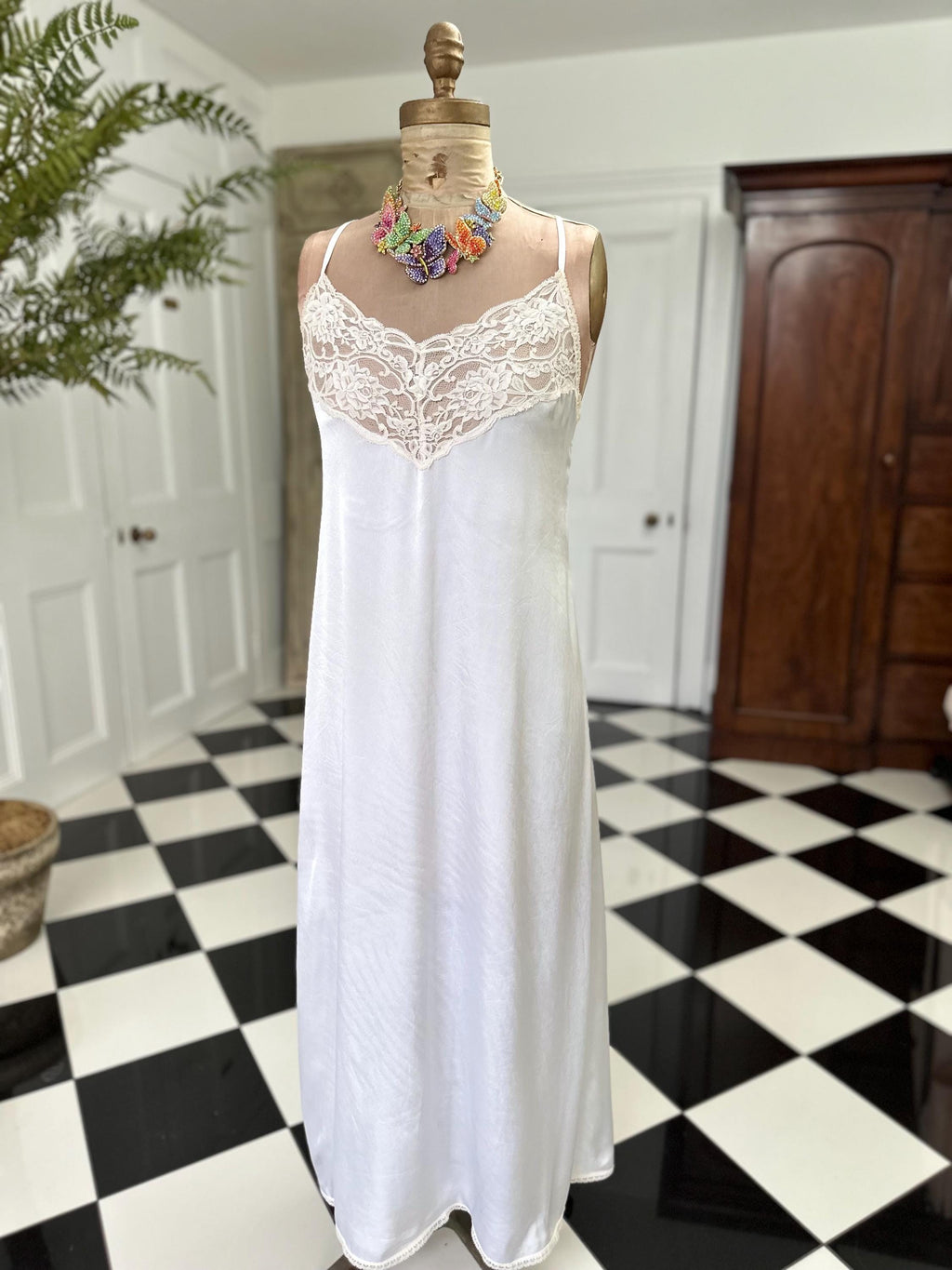 Vintage 1970 Soft White Satin Slip Dress Cream Lace Alluring Design