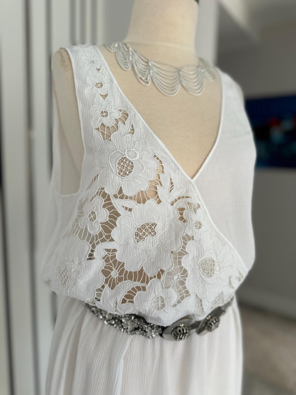 1970s crossover cutout lace white long slip dress