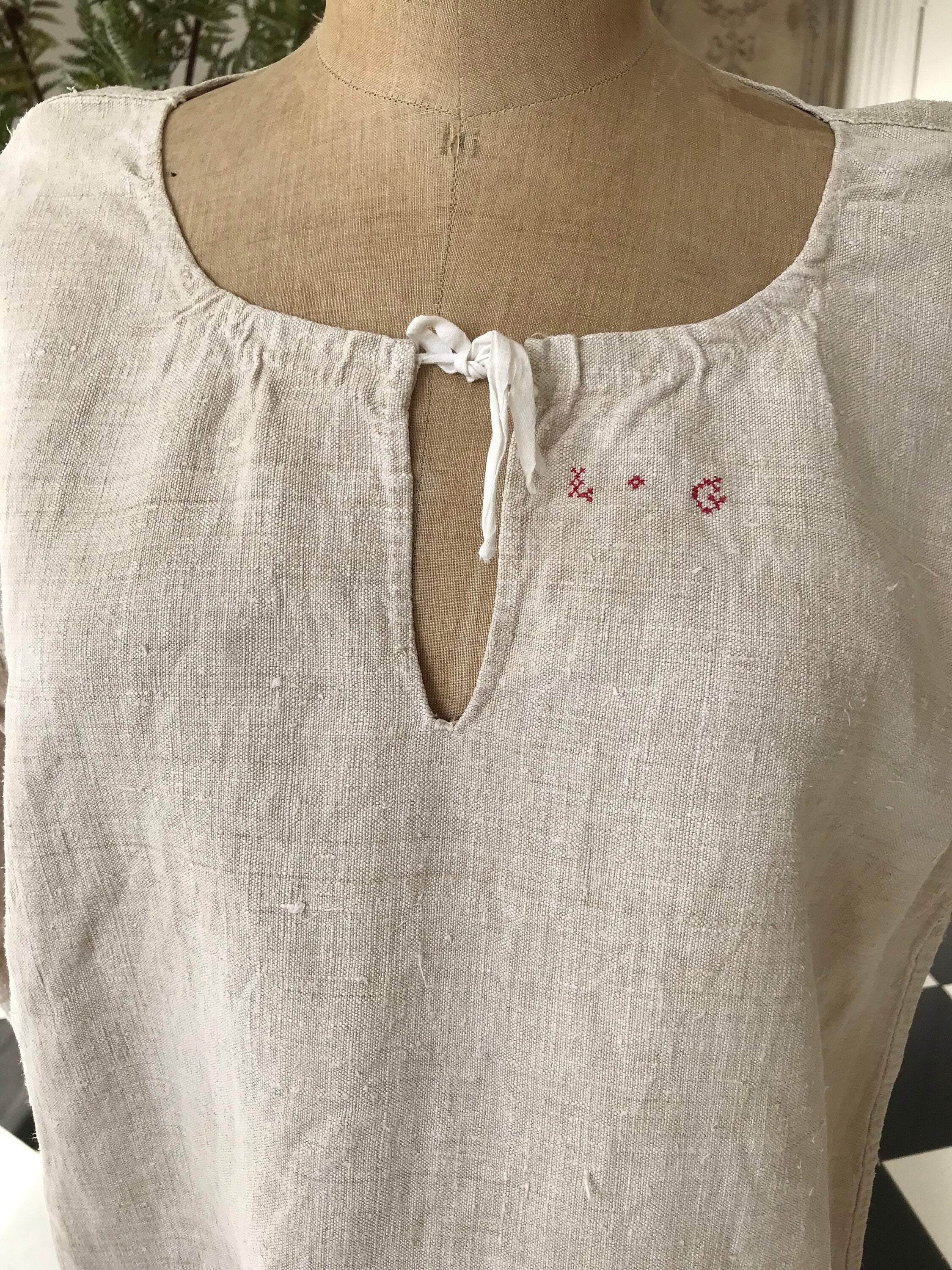 French 1800s hemp linen rustic farmers shirt smock dress