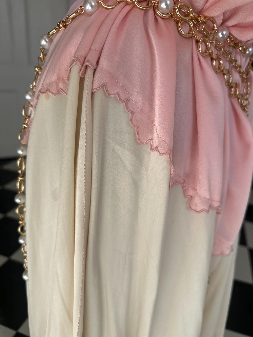1930s Two-Tone Silk Gown: Pink, Cream, Hand-Embroidered, Scalloped Maxi Dress