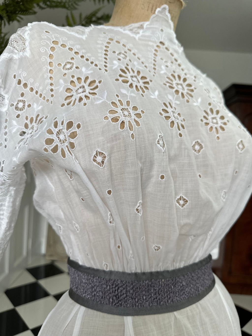 Antique Edwardian white broderie anglaise cotton lawn dress hand embroidered details.