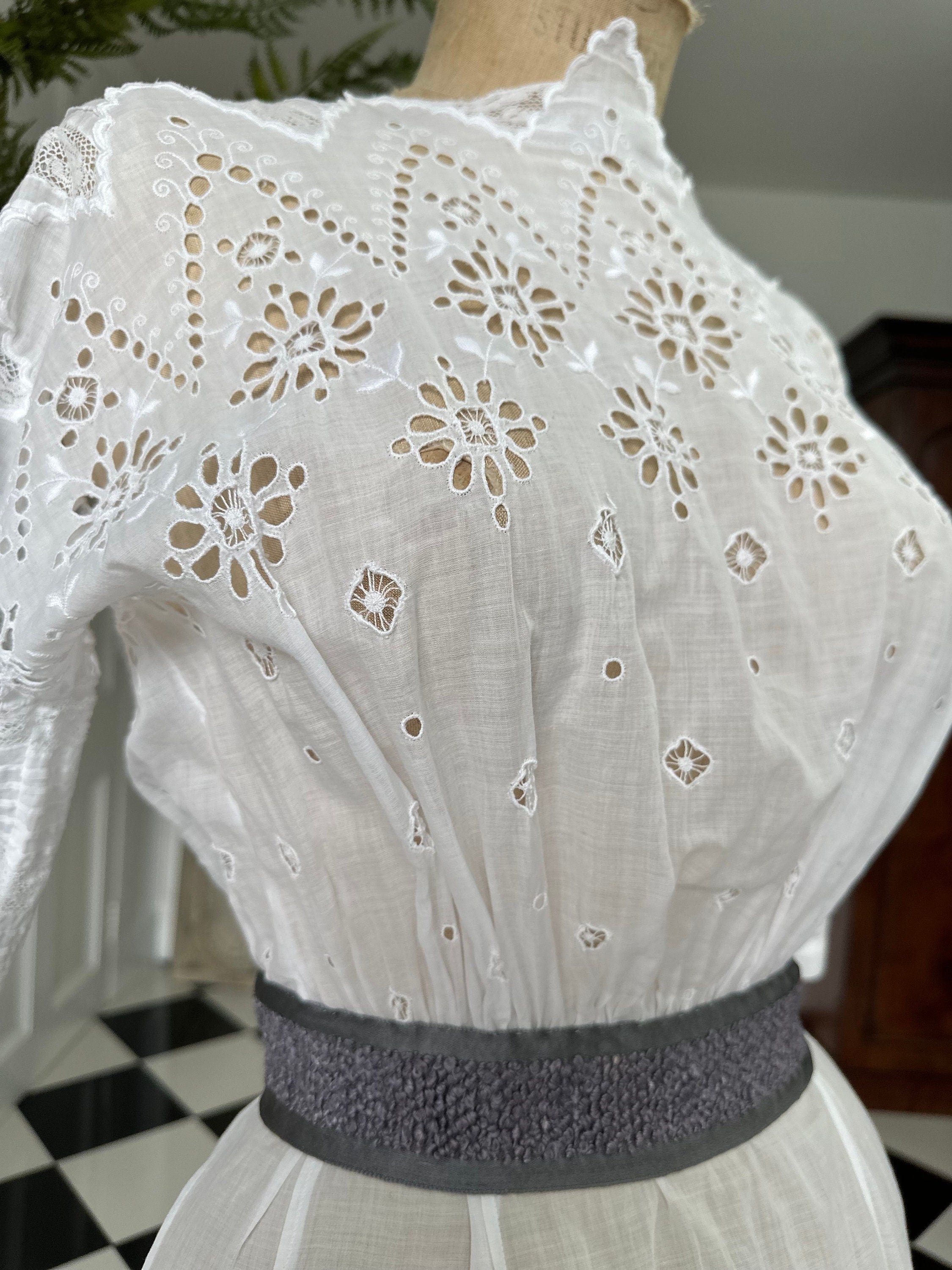 Antique Edwardian white broderie anglaise cotton lawn dress hand embroidered details.