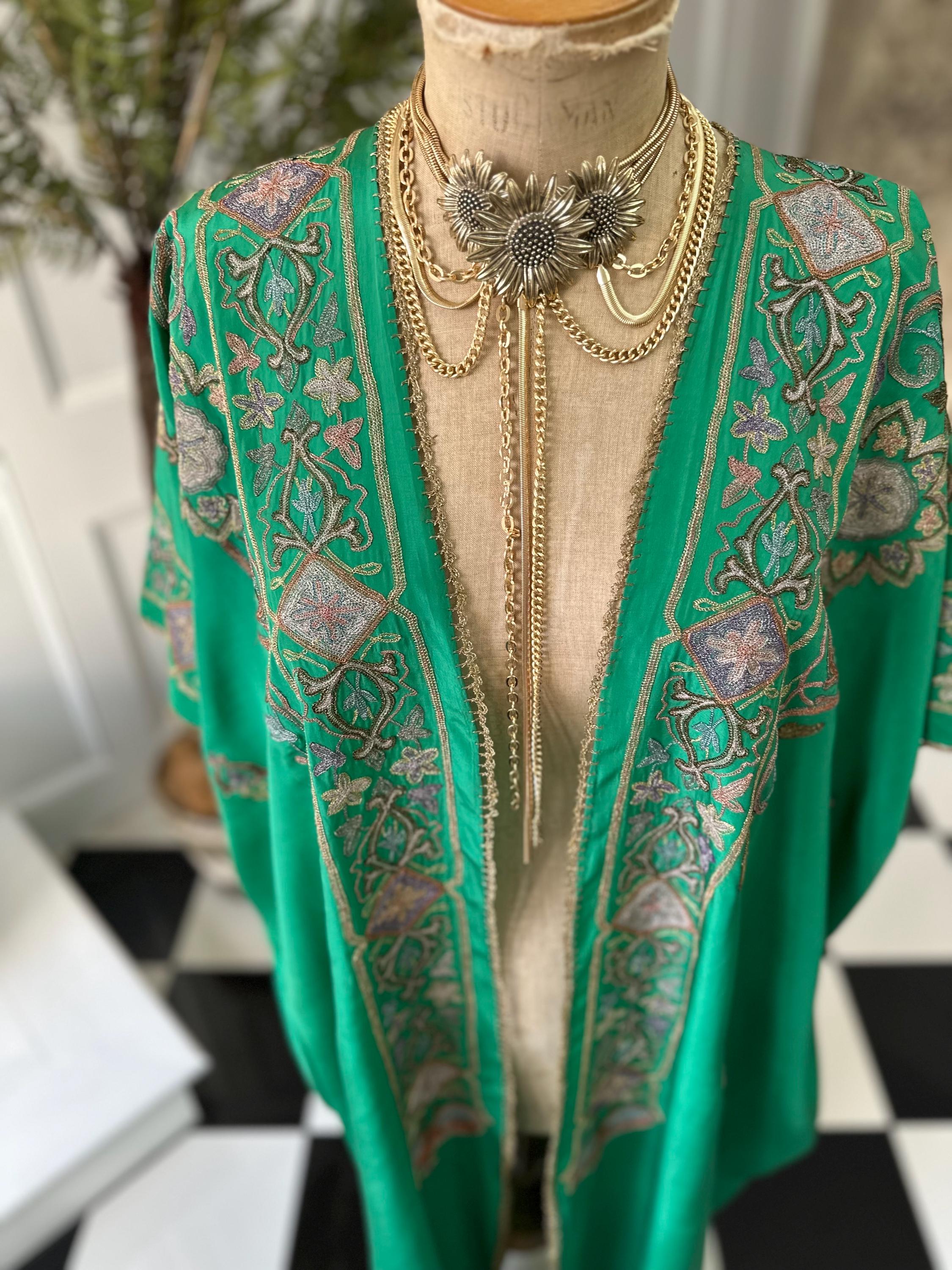 Antique Ottoman Silk Kaftan: 19th Century Emerald Green Embroidered Robe