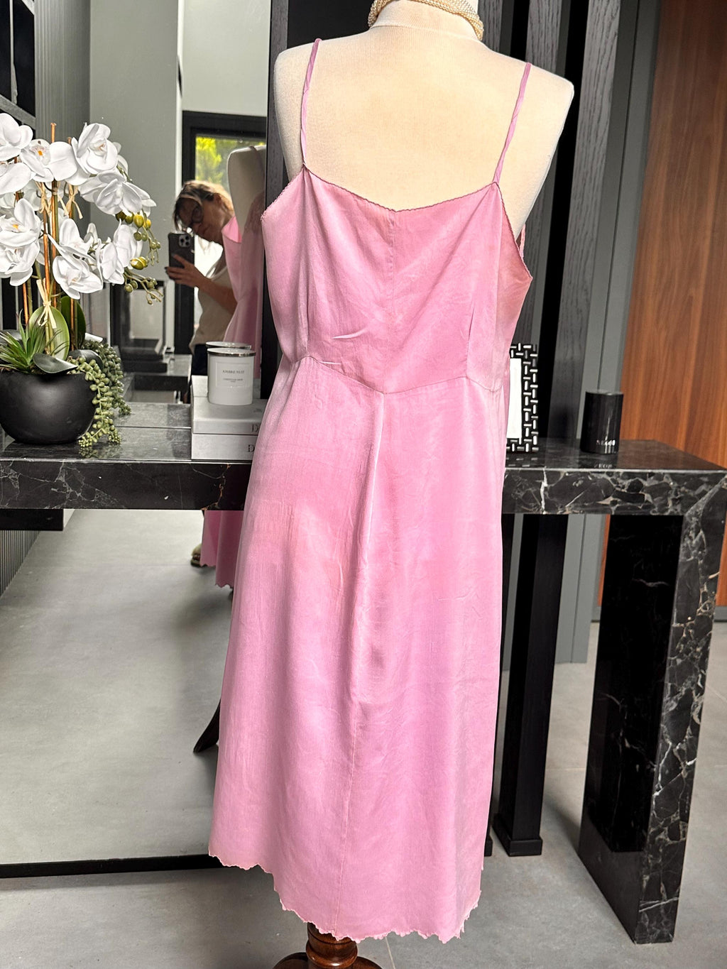 Large size. Antique 1930s Lilac Silk Slip – Authentic Lace embroidery Inset Bias-Cut