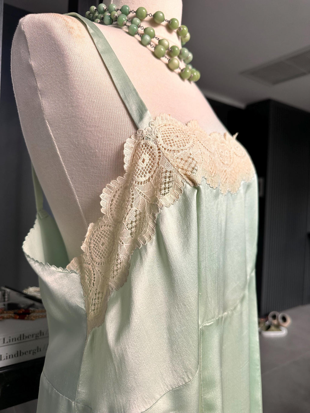 Antique 1930s Mint Green Silk Slip – Authentic Lace trimming