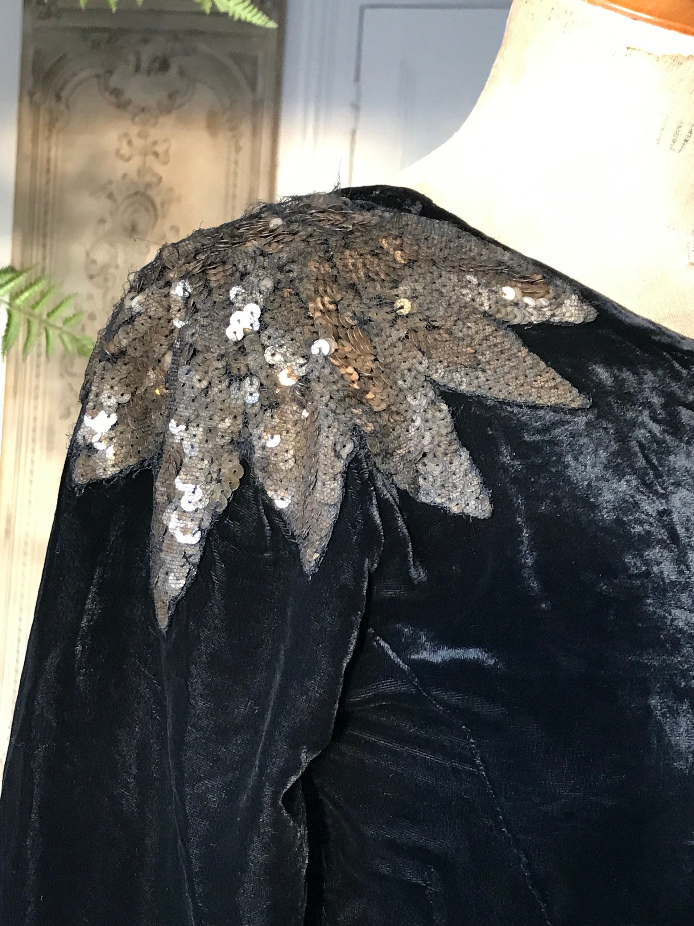 1930s 1940s old Hollywood black silk velvet dress with sequin shoulders details