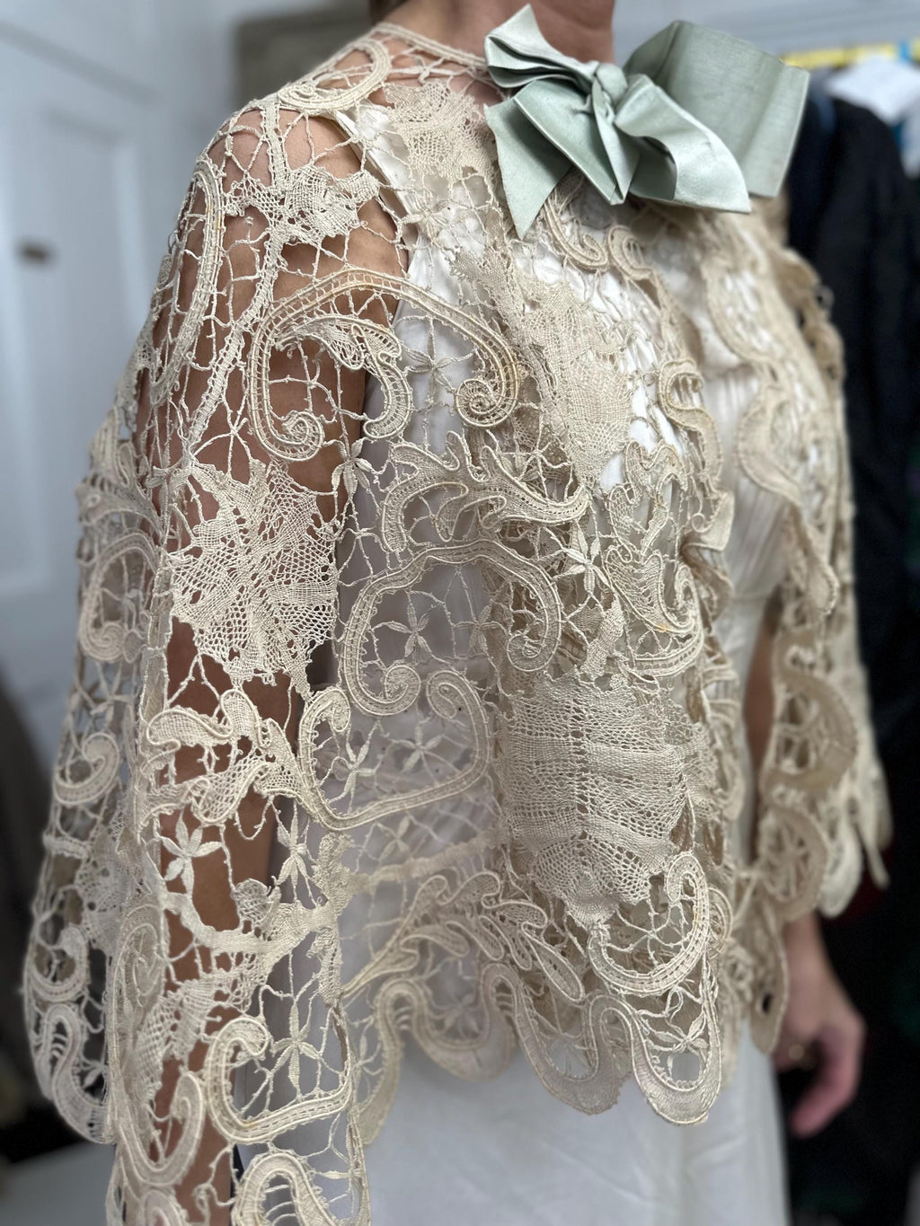 19th Century Cream Bobbin Lace Cape: Sage Green Silk Ribbon, Cotton