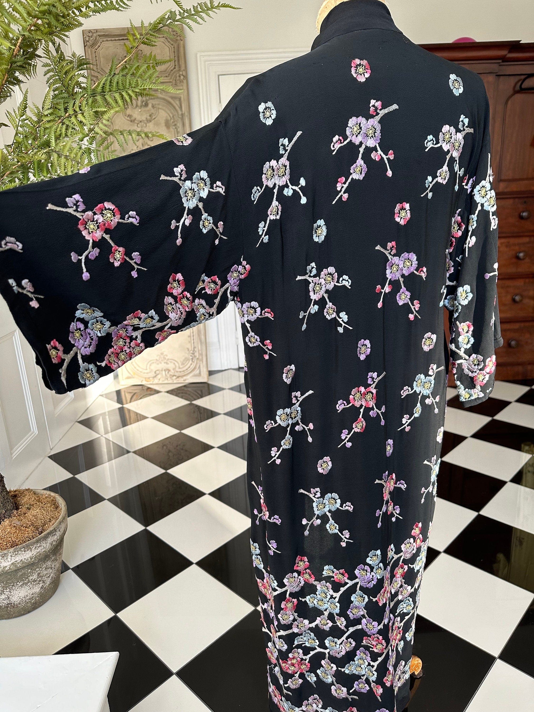 1930s black kimono with pastel colour silk flowers embroidery