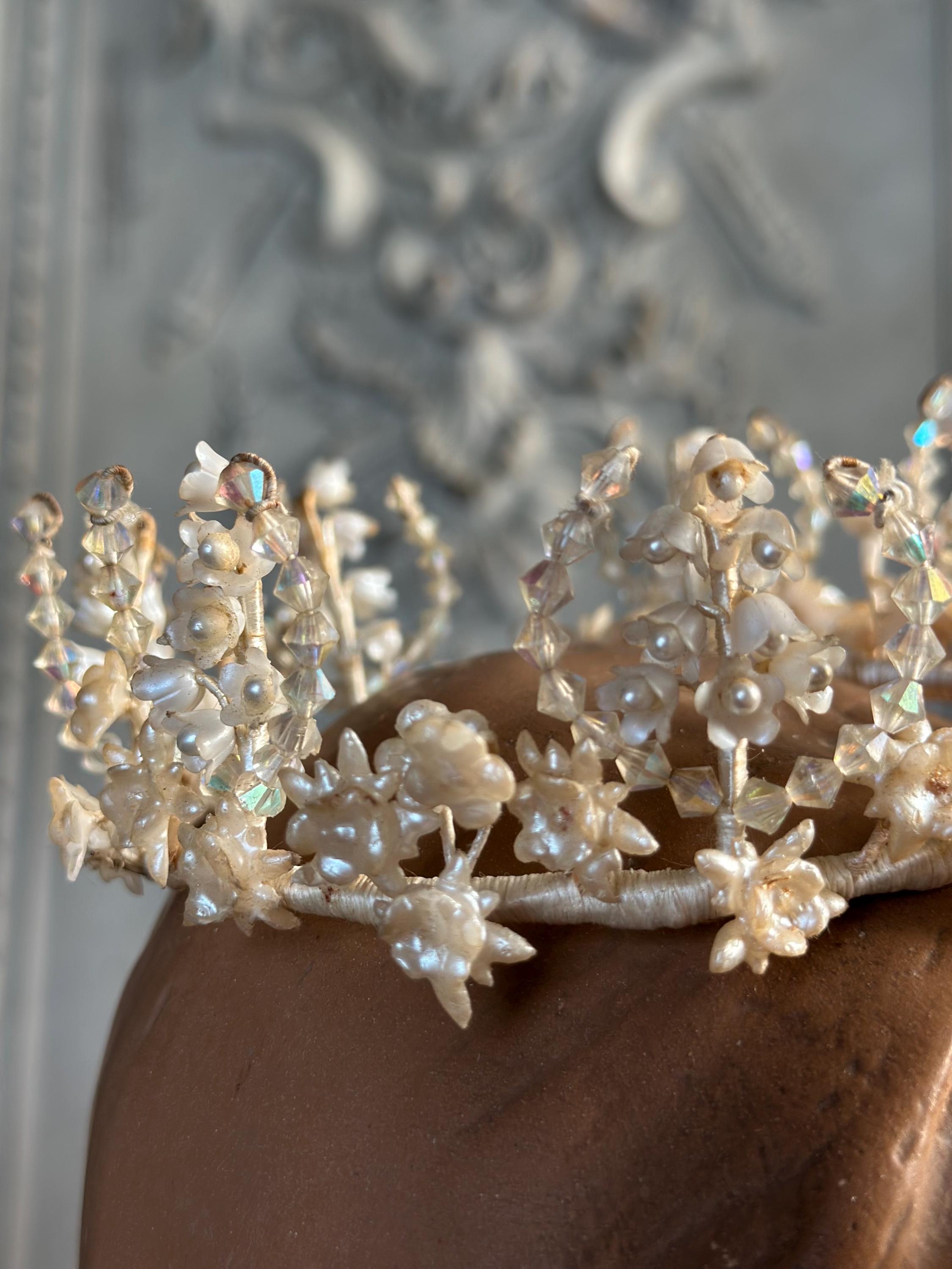 1910s 1920s Wax Elegant Handcrafted Pearl and Crystal wedding Tiara