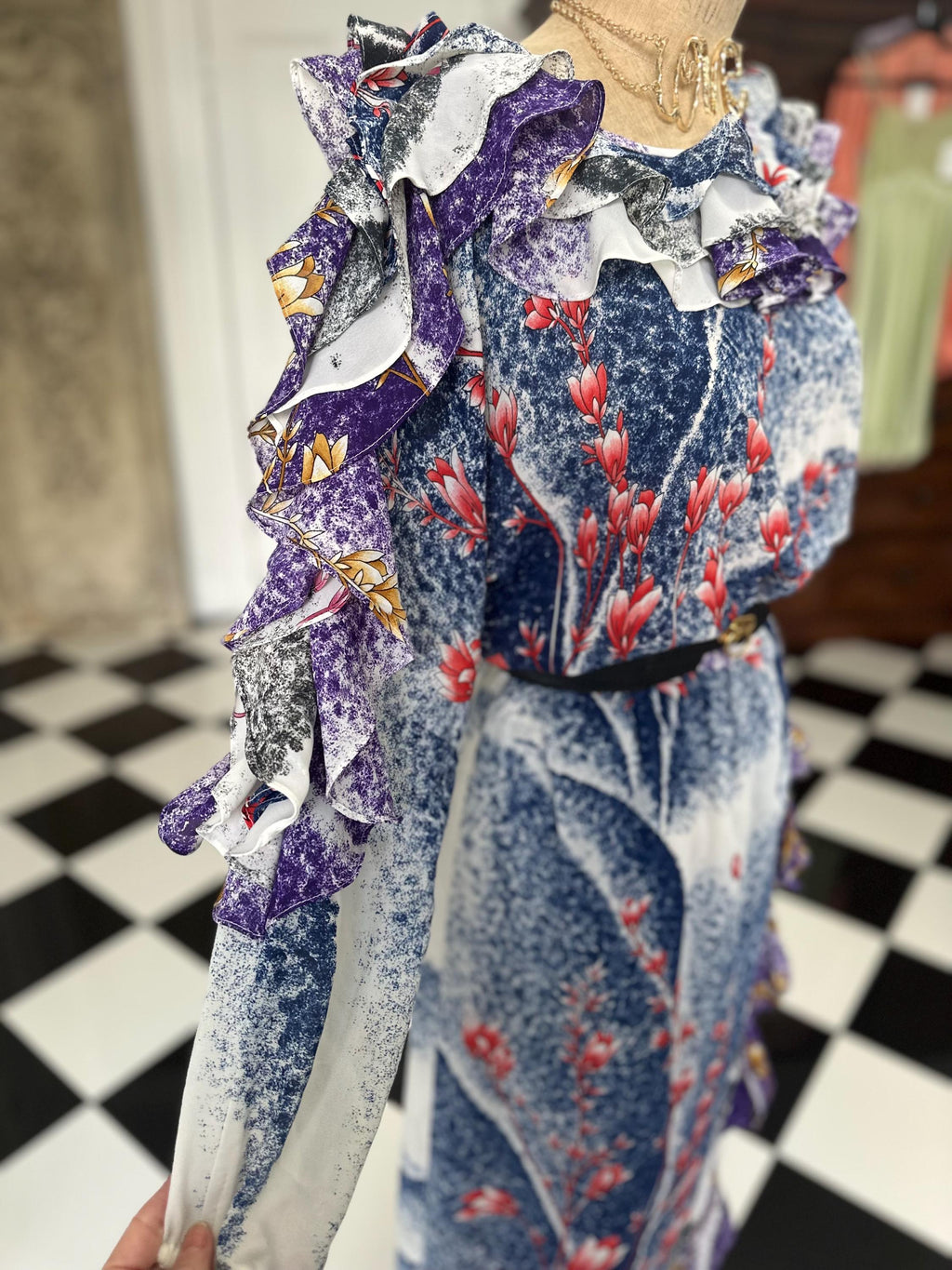 Vintage 1980s Diane Freis floral frilly Georgette maxi dress