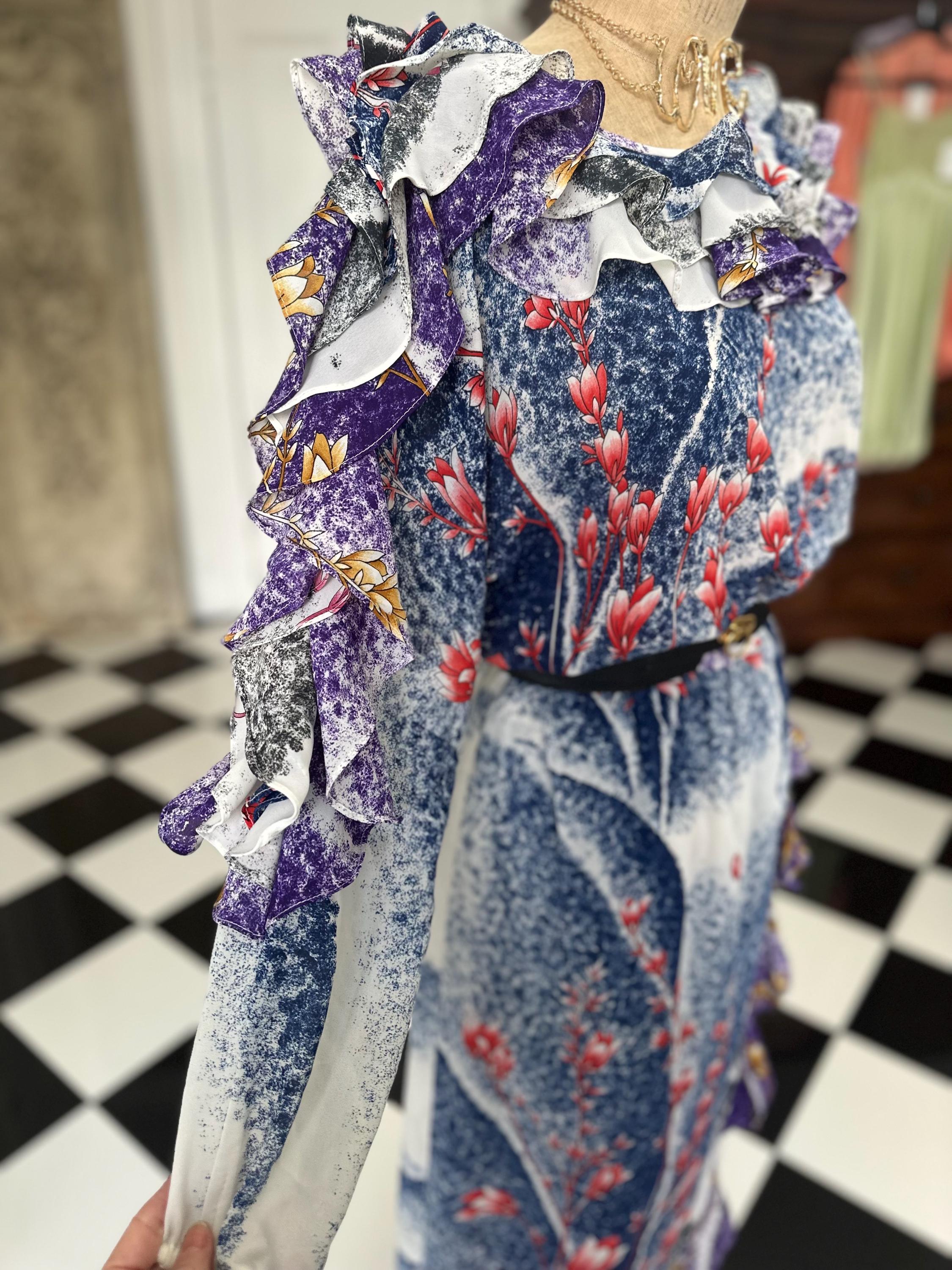Vintage 1980s Diane Freis floral frilly Georgette maxi dress