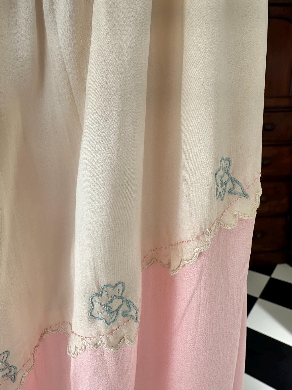 1930s Two-Tone Silk Gown: Pink, Cream, Hand-Embroidered, Scalloped Maxi Dress