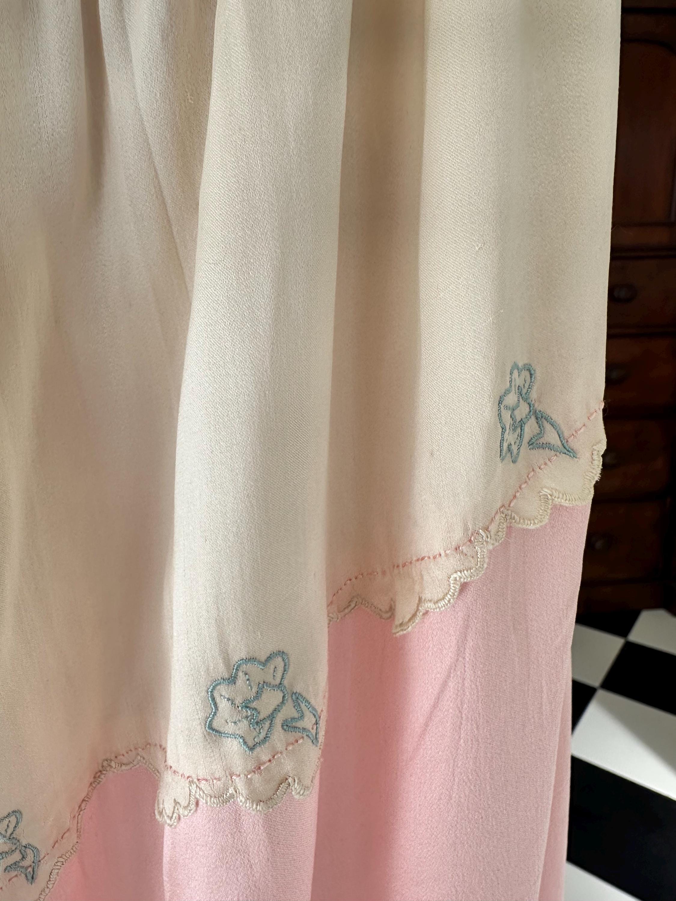 1930s Two-Tone Silk Gown: Pink, Cream, Hand-Embroidered, Scalloped Maxi Dress
