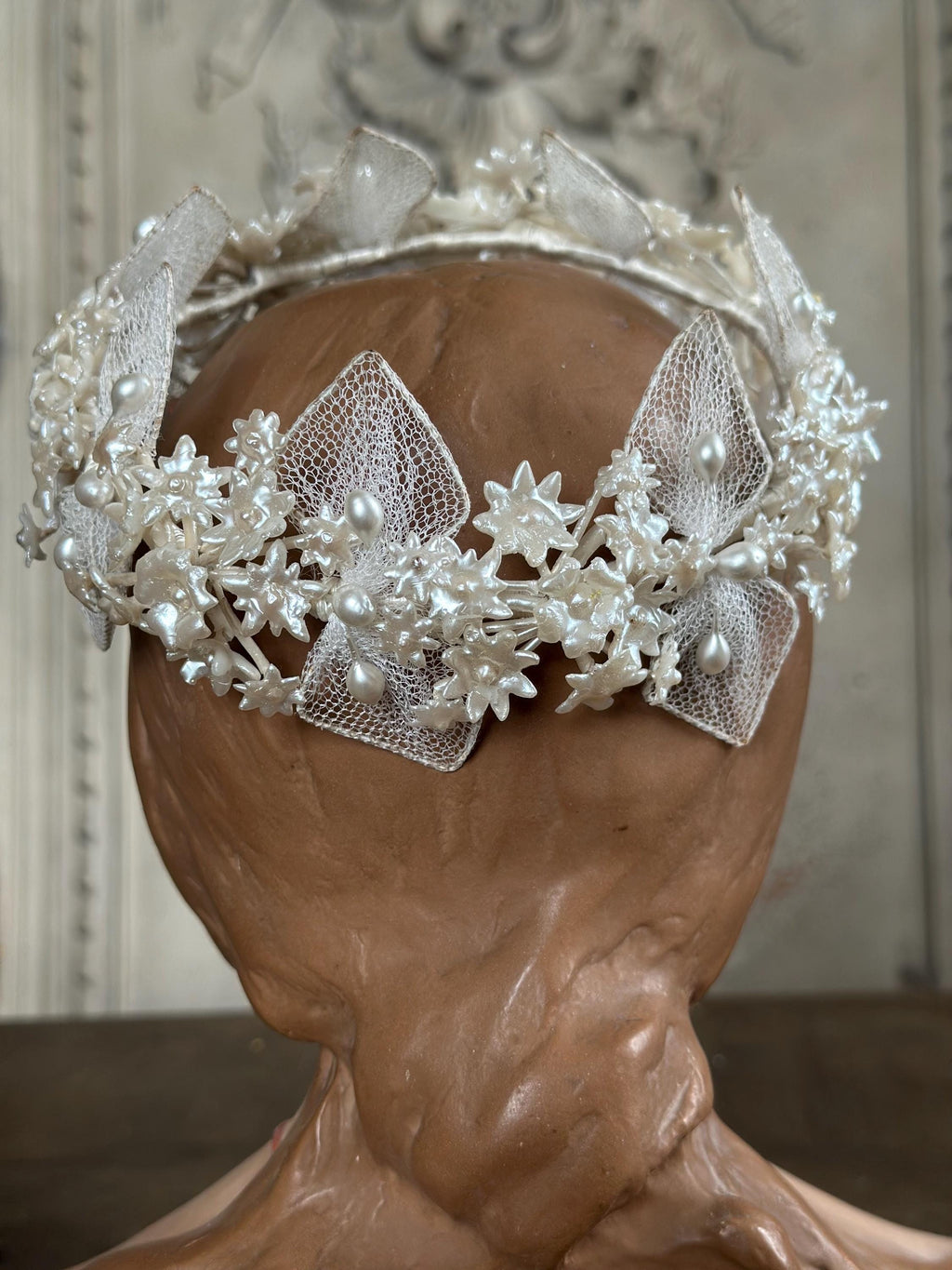 Antique 1940s  Floral Wax Tiara with tulle