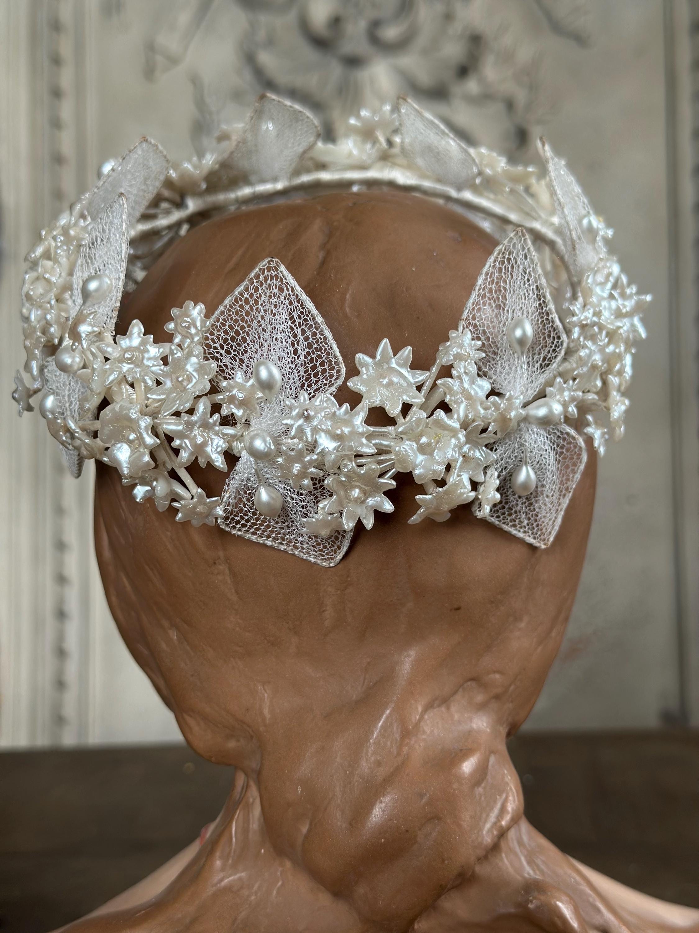 Antique 1940s  Floral Wax Tiara with tulle