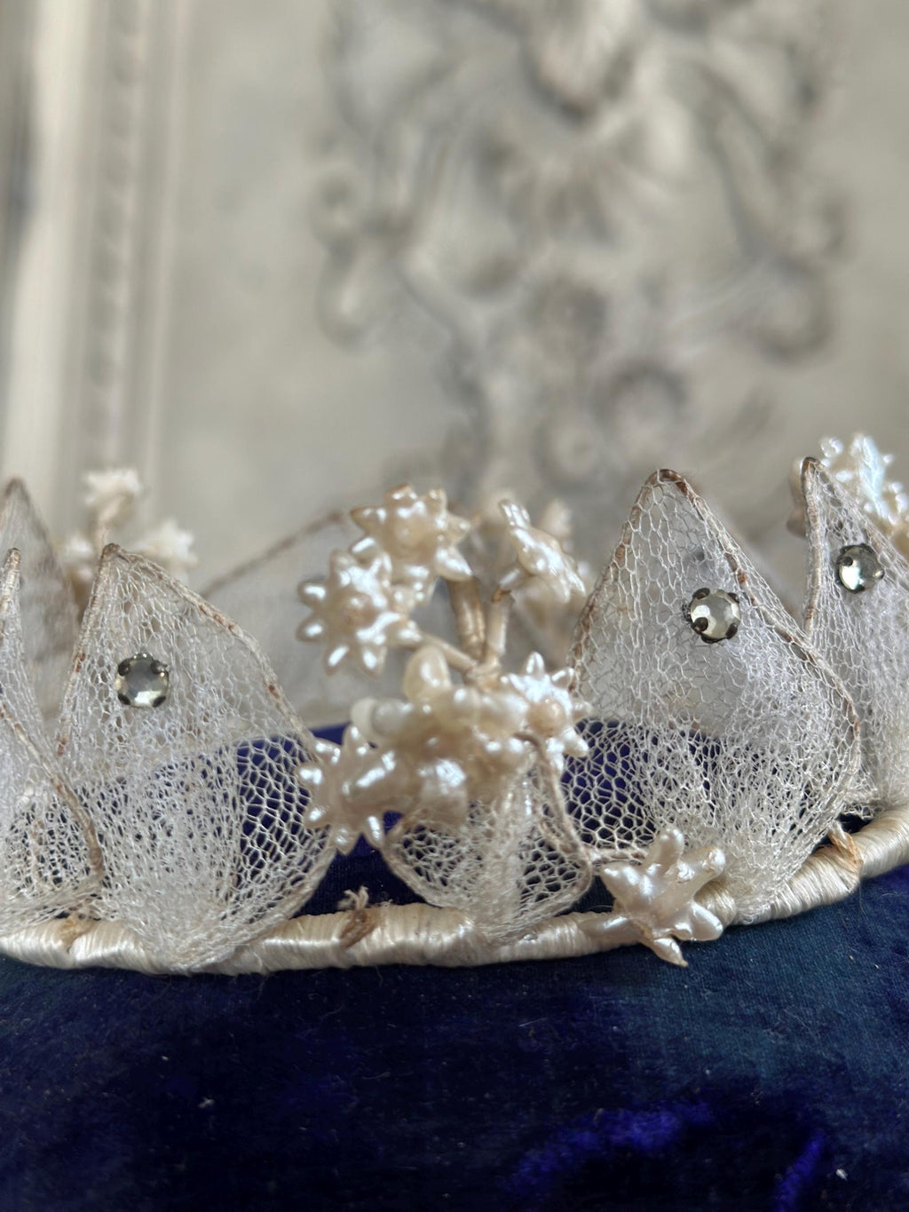 Antique 1940s  Floral Wax Tiara with tulle