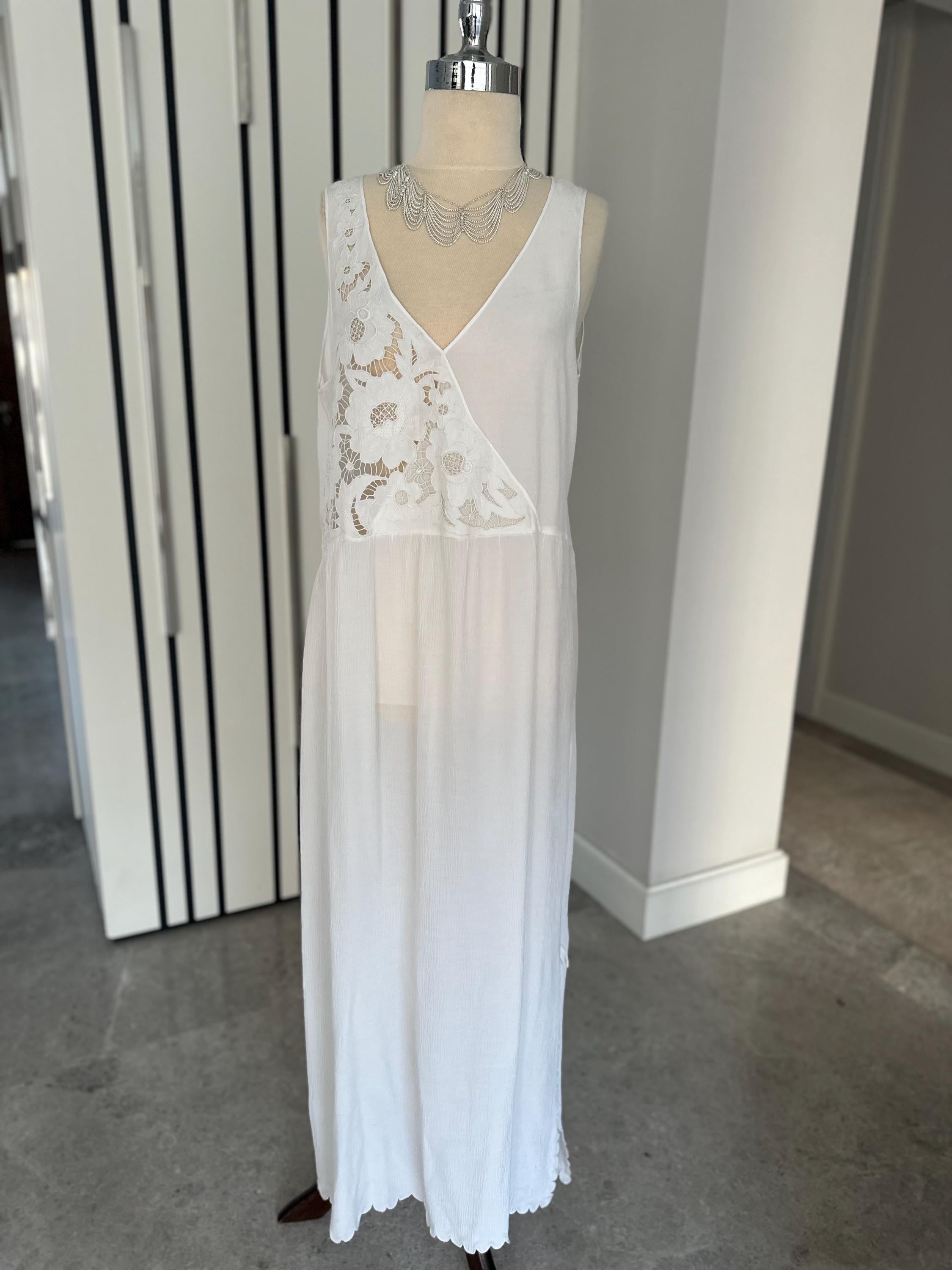 1970s crossover cutout lace white long slip dress