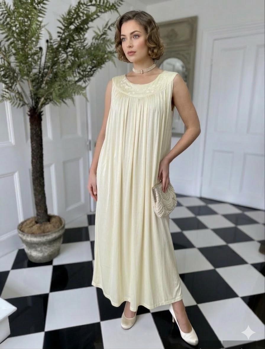 1940s boat neck  buttercup cream smock style silk slip with hand embroidery