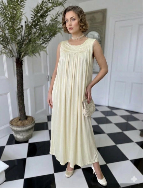 1940s boat neck  buttercup cream smock style silk slip with hand embroidery