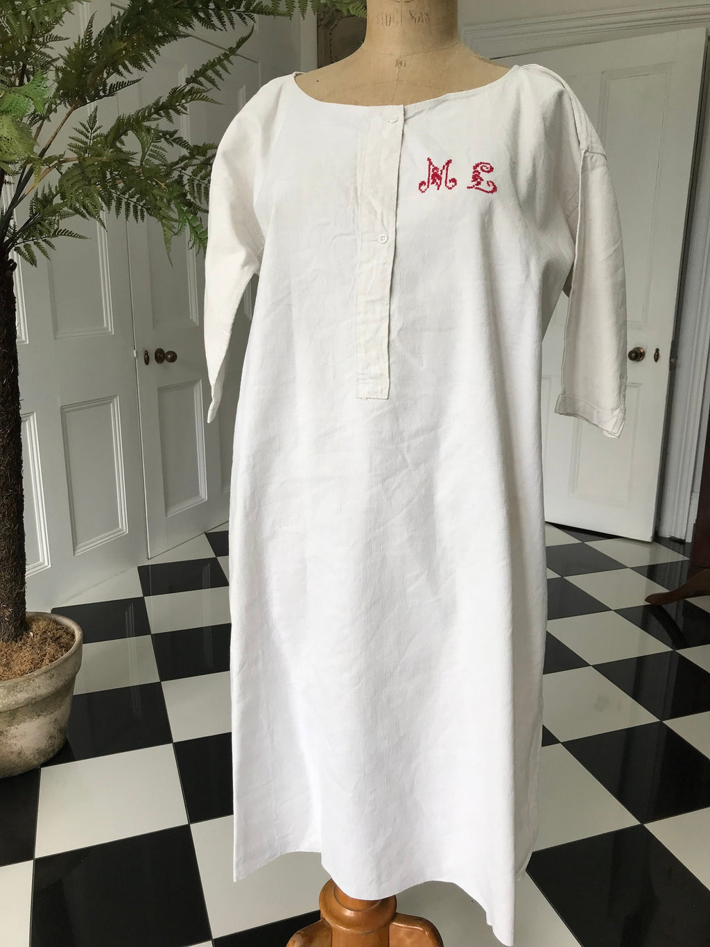 1800s antique French  hemp linen smock dress  monogram ML