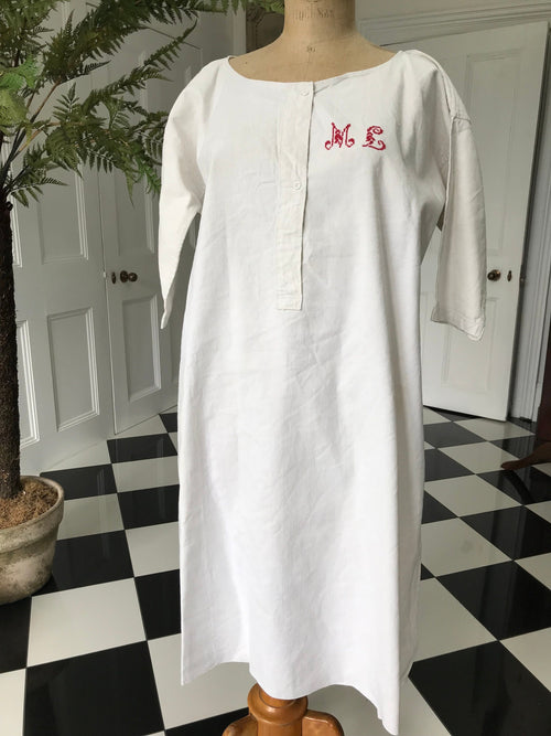 1800s antique French  hemp linen smock dress  monogram ML