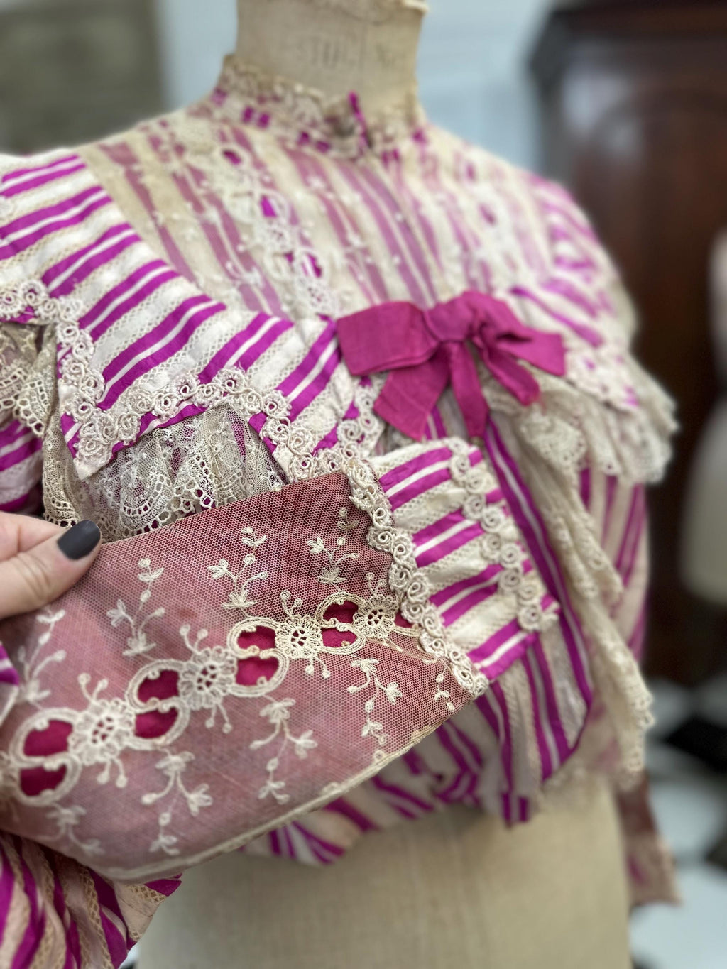 Edwardian Hot Pink Striped Silk Bodice with Lace