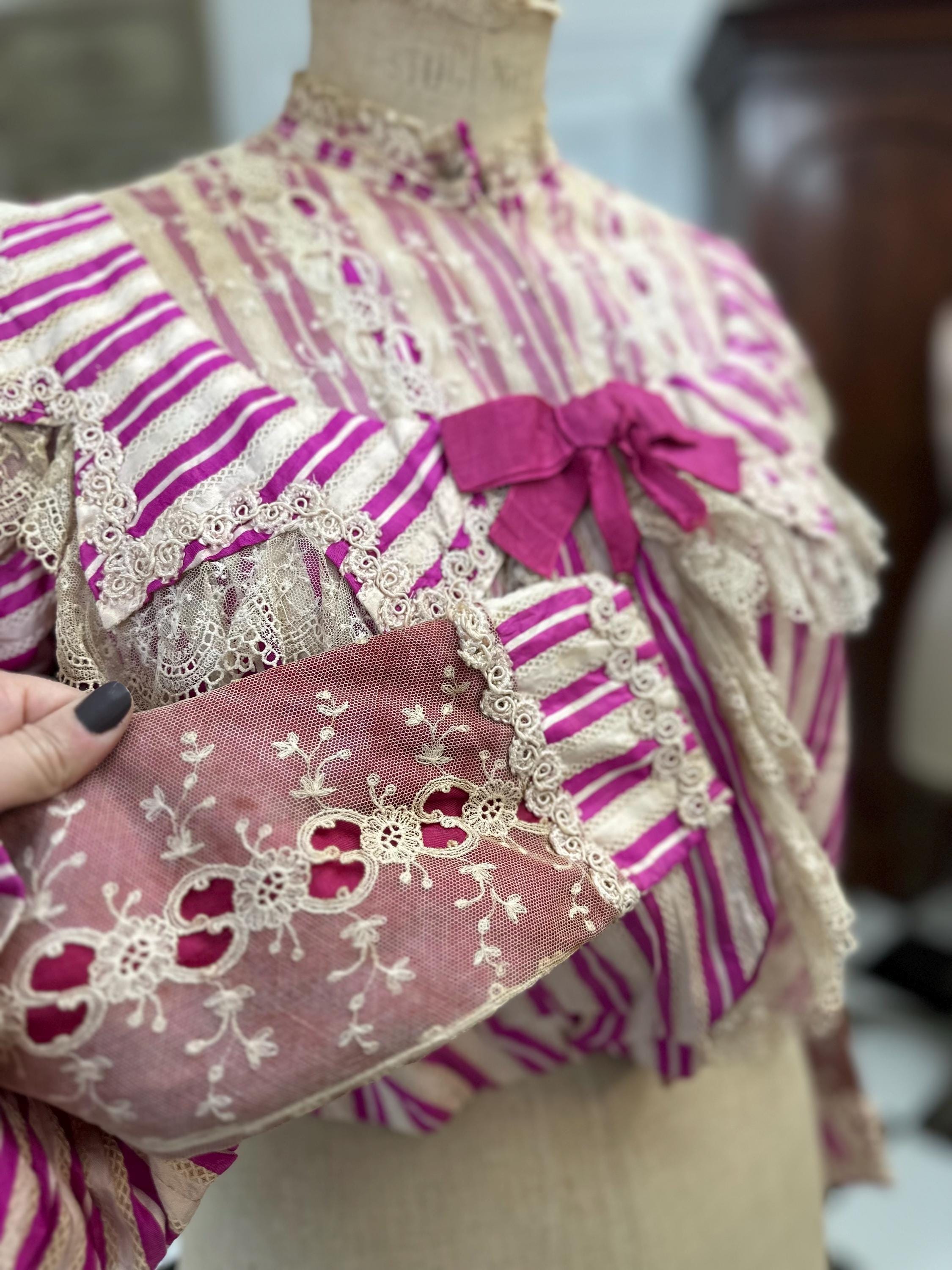 Edwardian Hot Pink Striped Silk Bodice with Lace