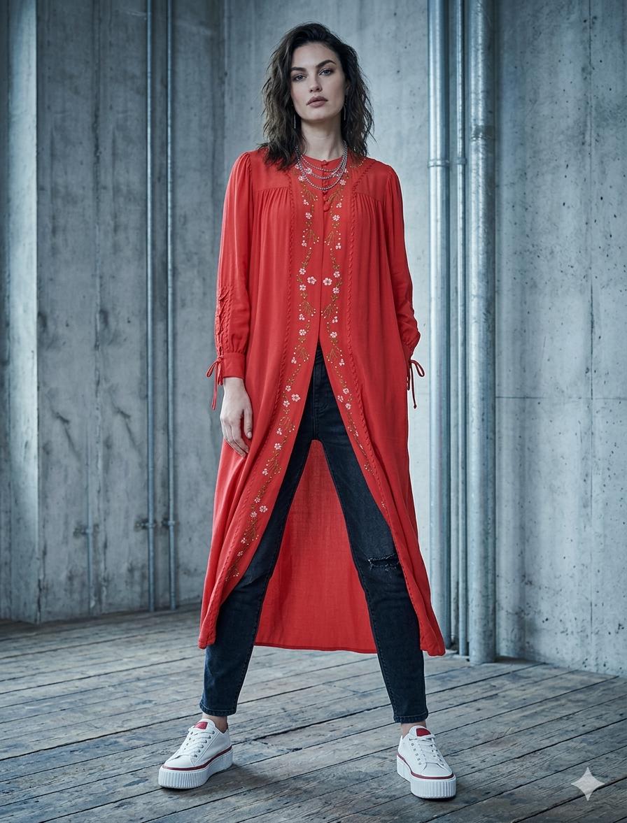 1940s Silk red house coat dressing gown with silk embroidery to the front
