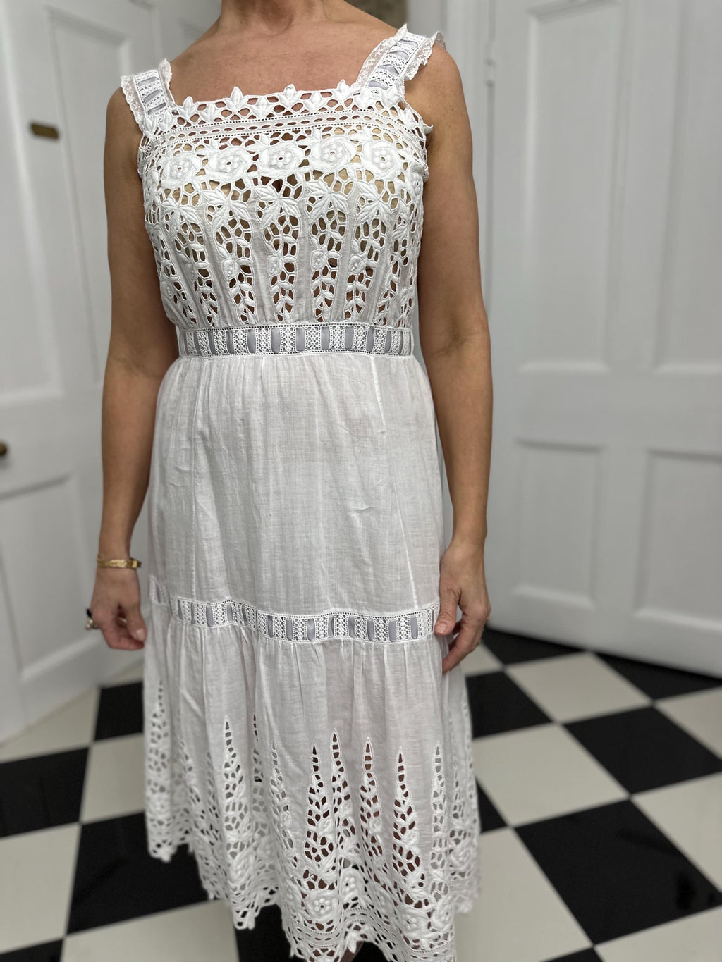 1910s Edwardian white embroidered lace  under dress with grey ribbon details