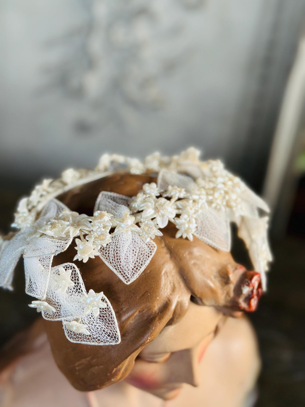 Antique 1940s  Floral Wax Tiara with tulle