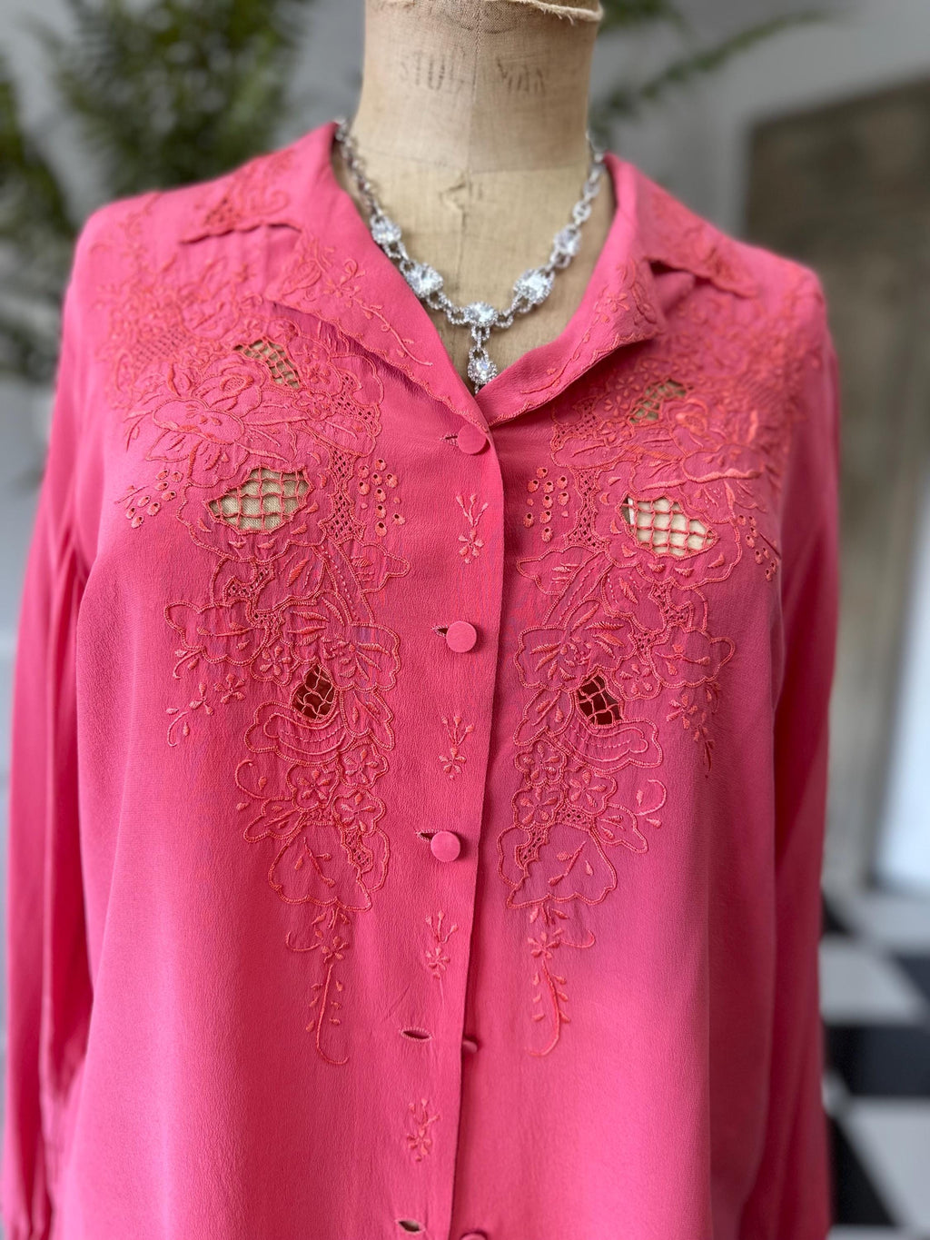 1950s dark pink silk long sleeve blouse with hand embroidery