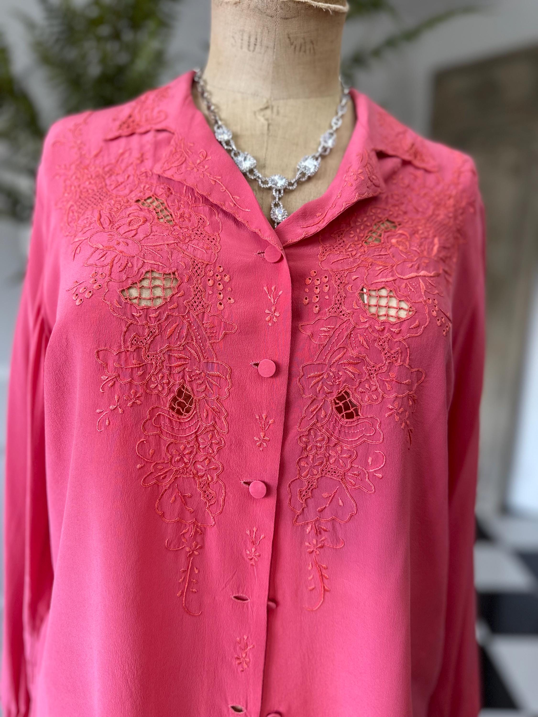 1950s dark pink silk long sleeve blouse with hand embroidery