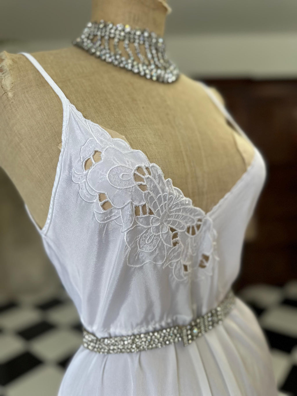 Vintage Long White Silk Slip with Lace Detailing