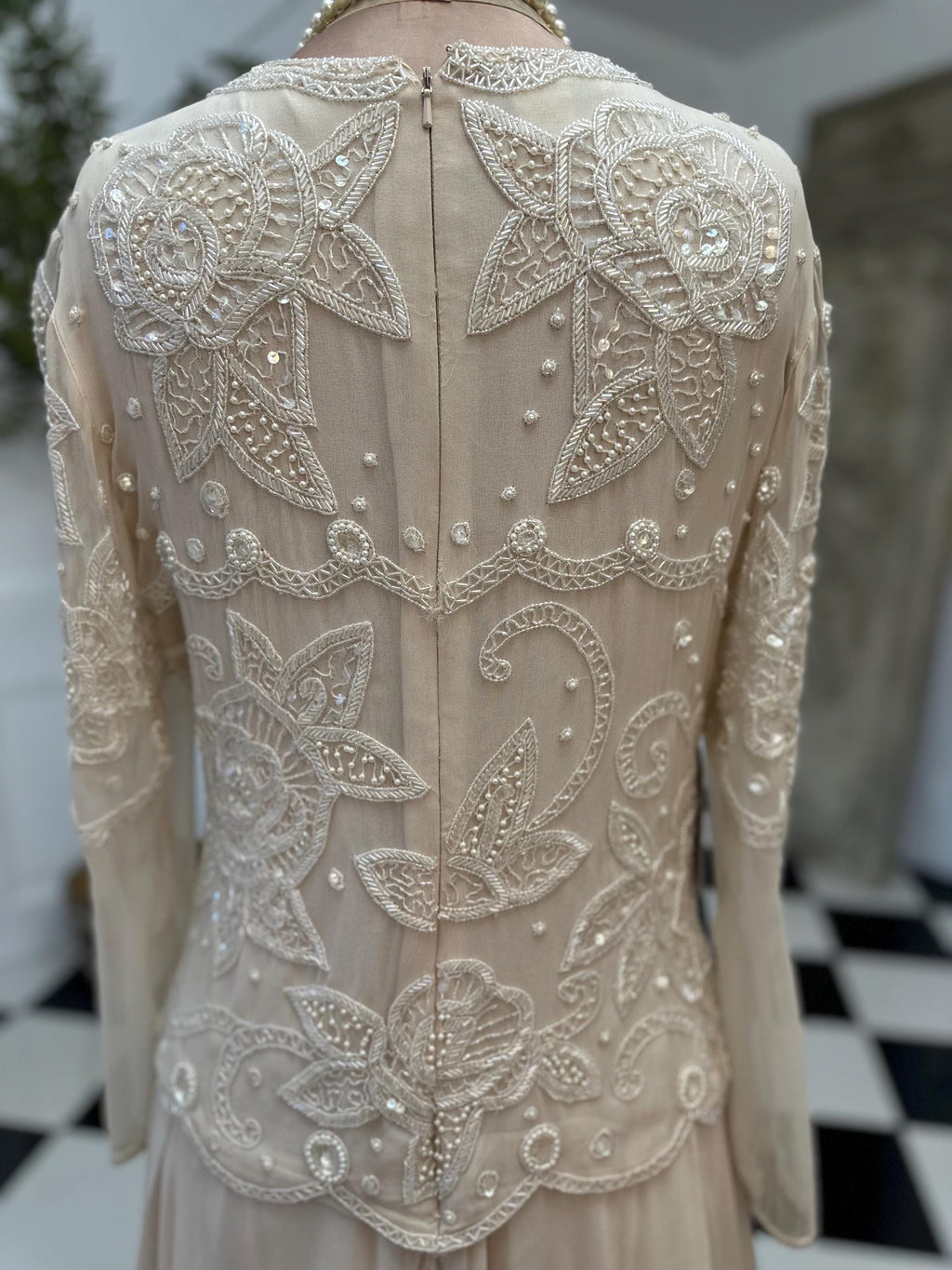 Vintage very pale pink silk party dress with beaded details