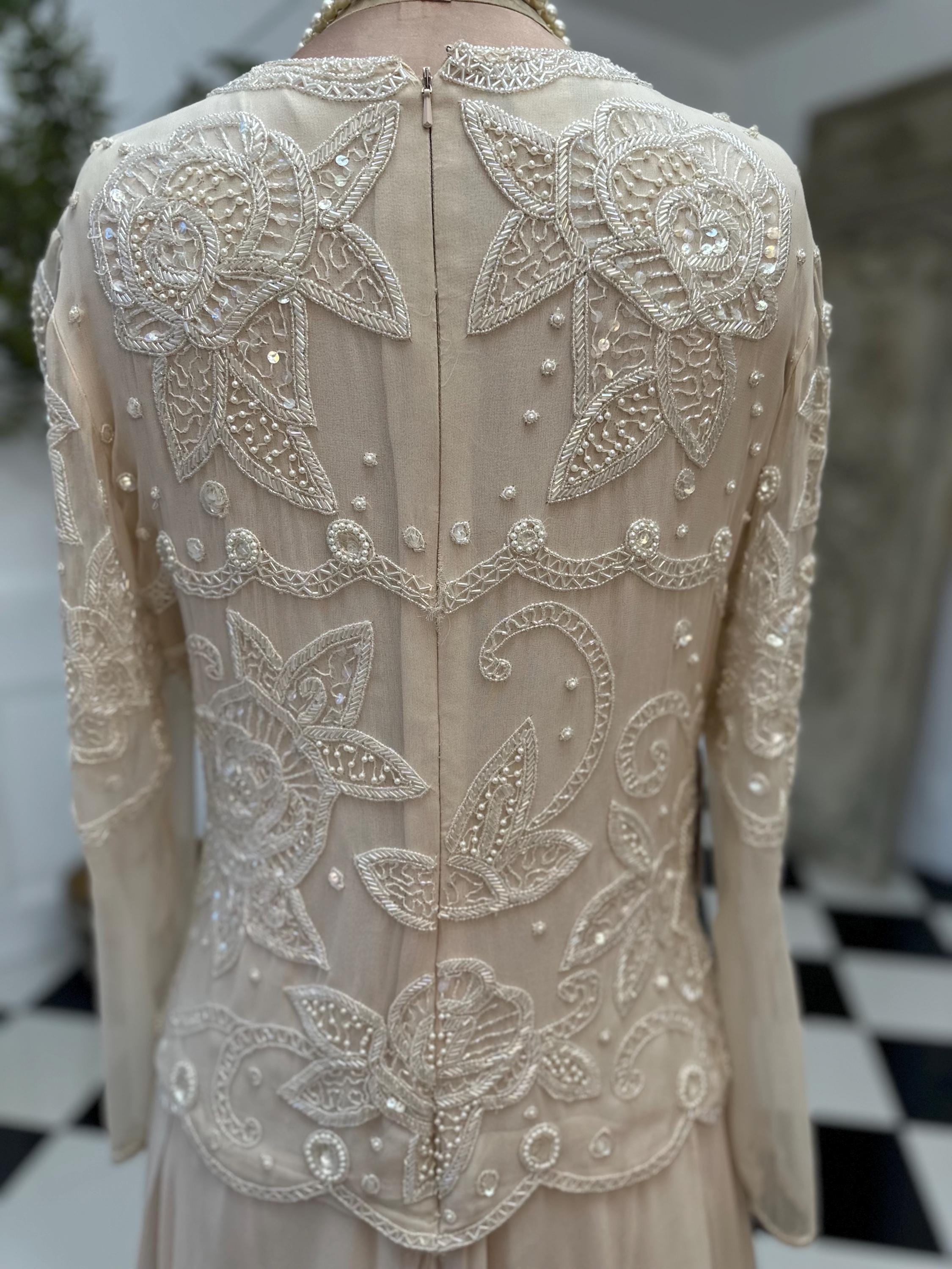 Vintage very pale pink silk party dress with beaded details