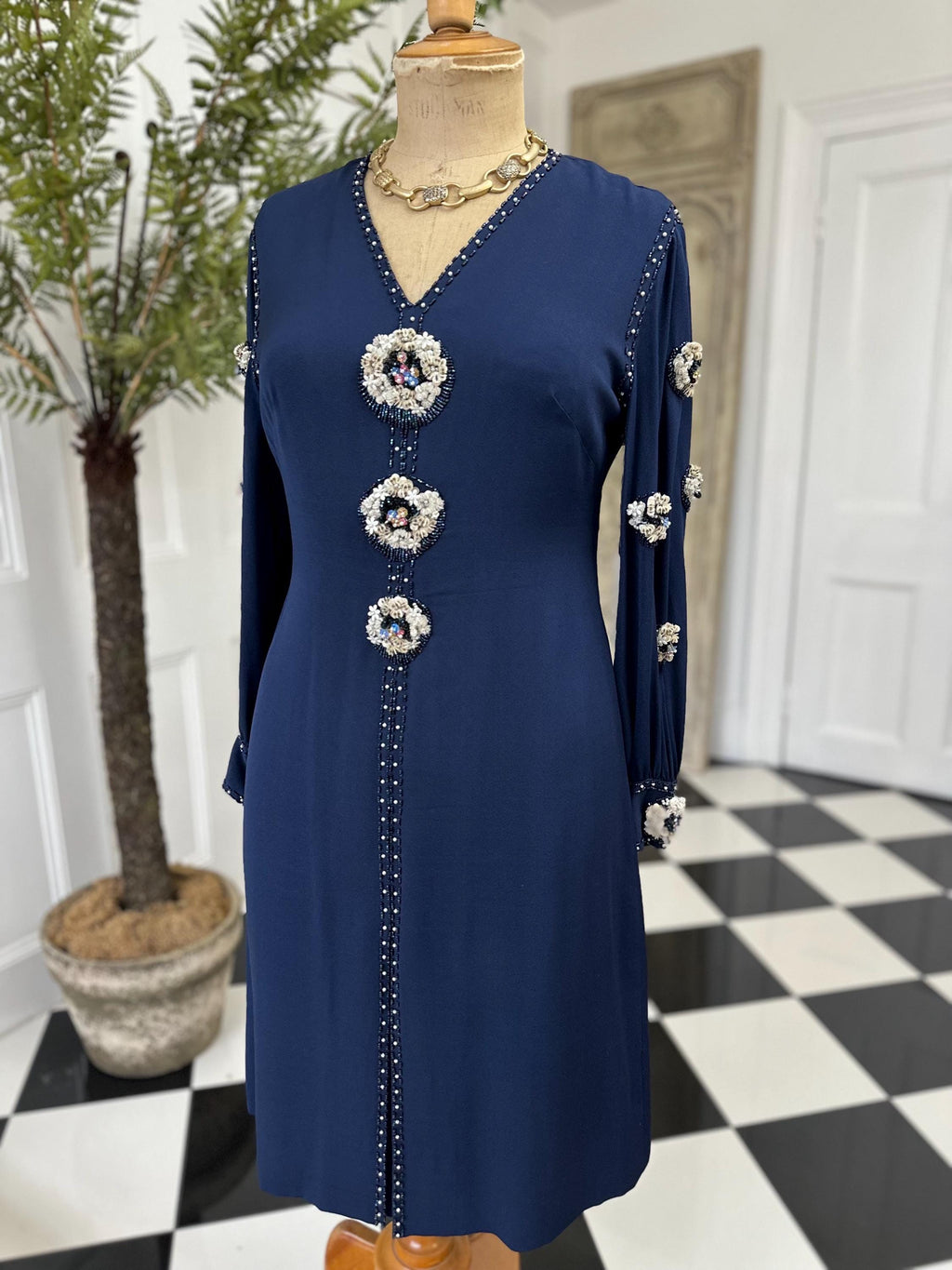 1970s Navy blue silk sequin and beaded knee length evening dress