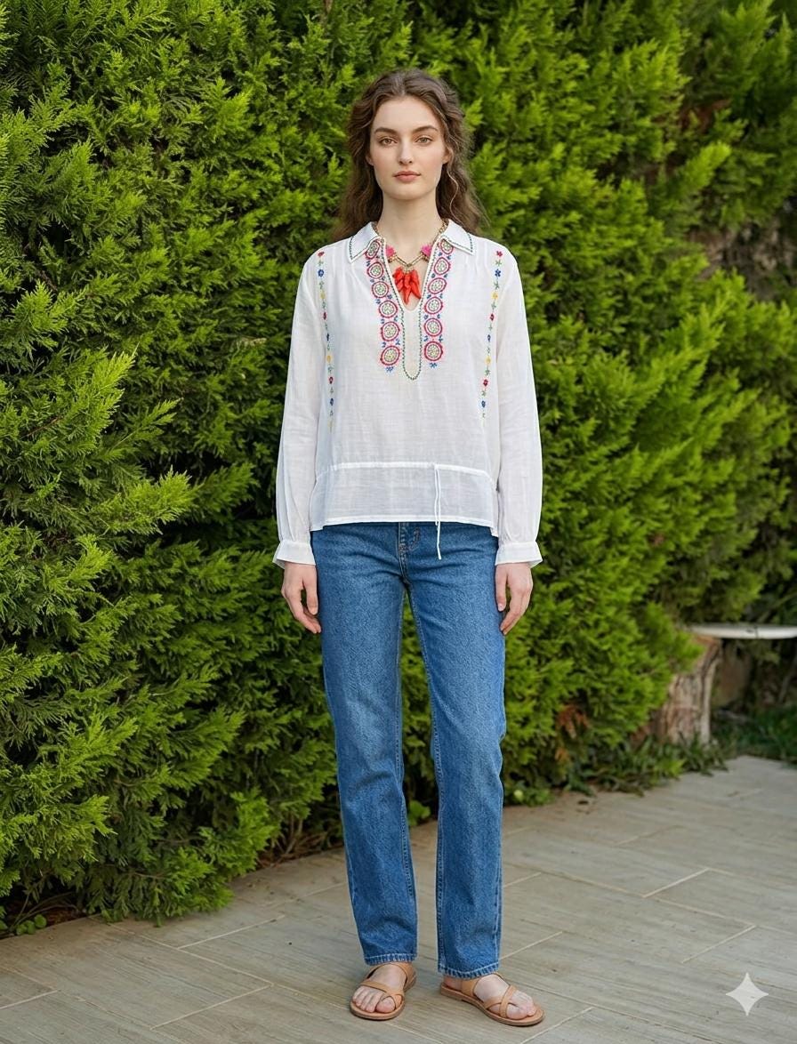 1930s fine white muslin hand embroidered long sleeve blouse