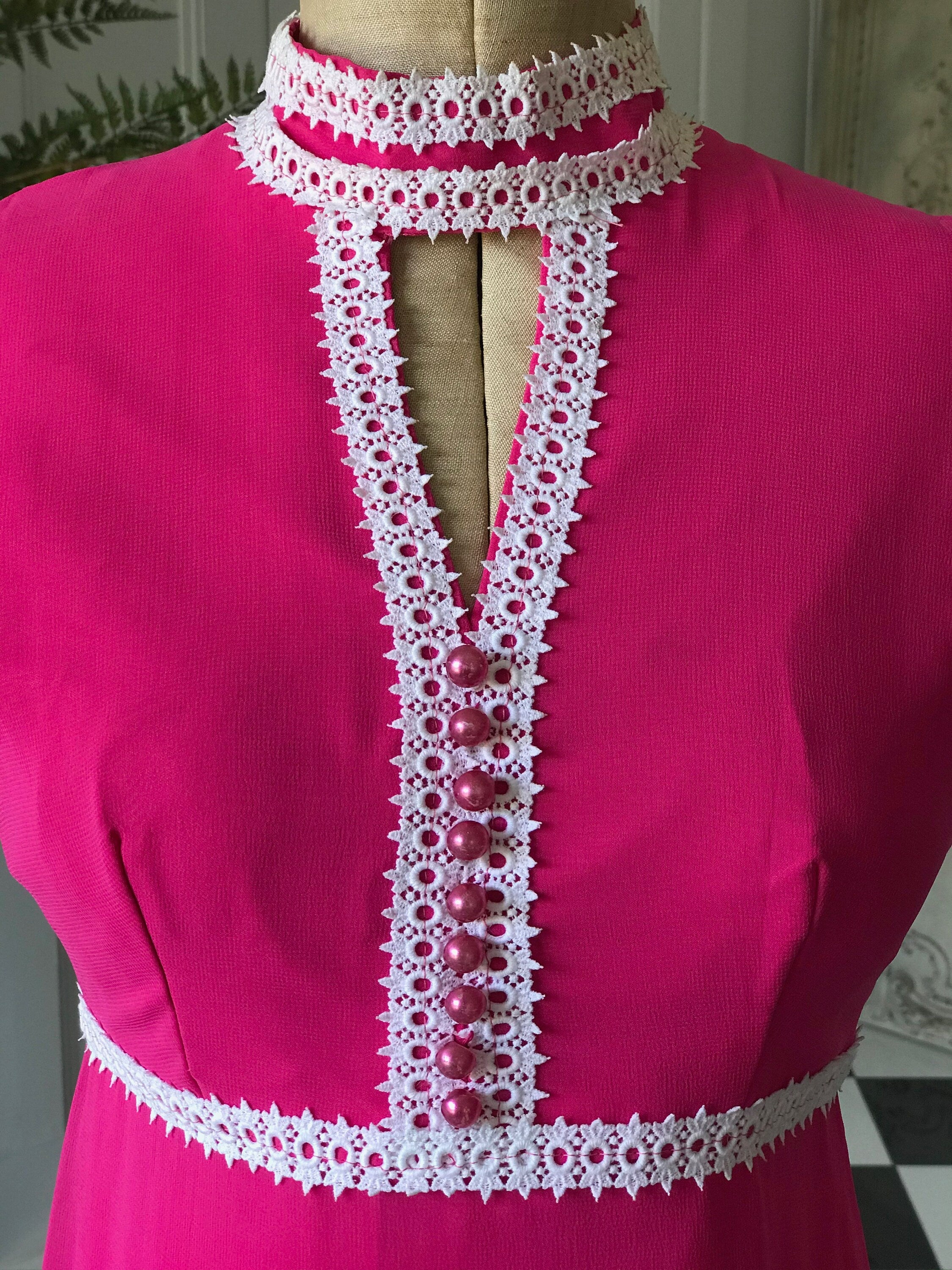 Vintage 1970s Sleeveless hot pink chiffon maxi dress with pearl buttons