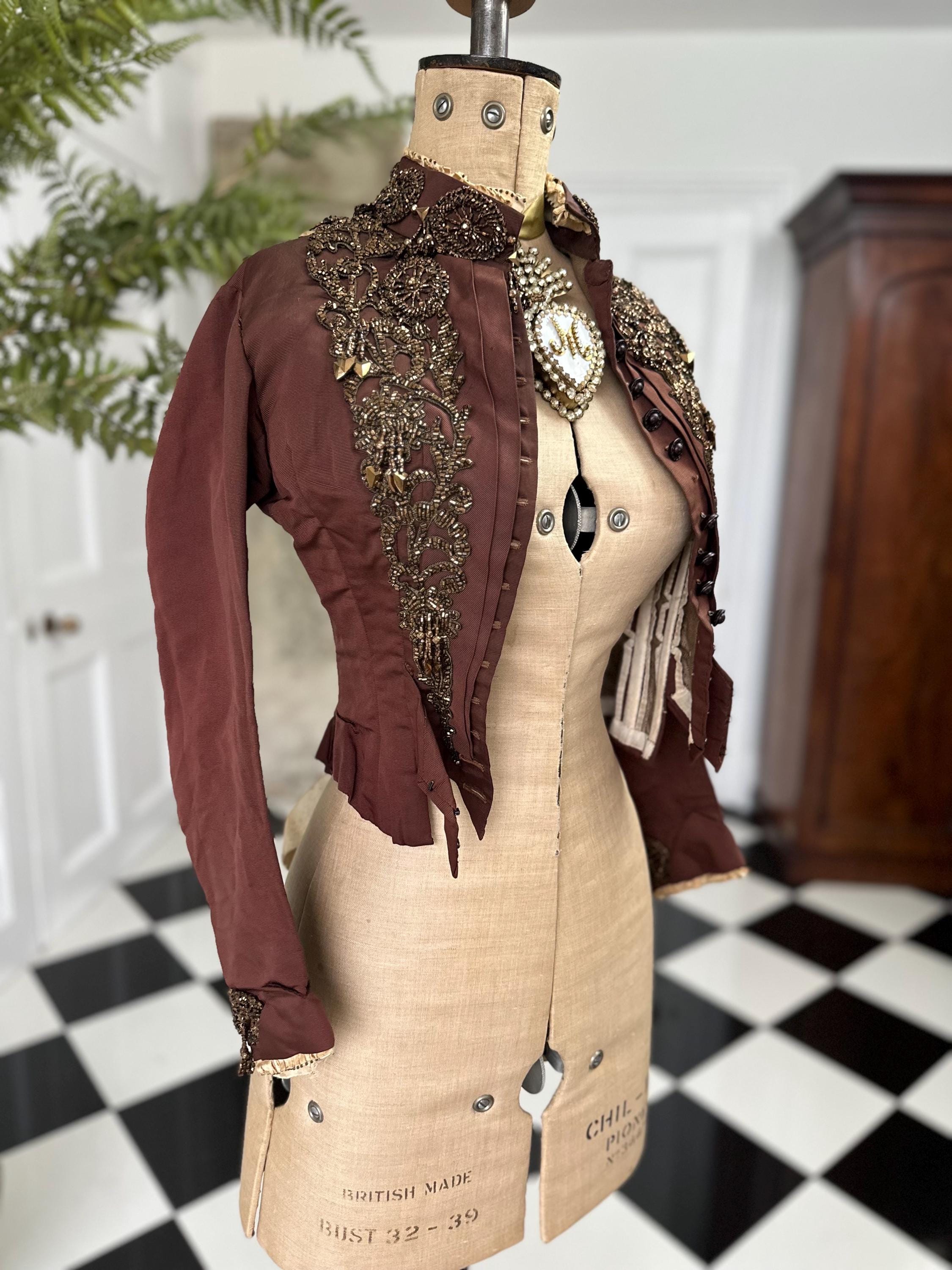 1880s French Silk Bodice: Bronze Brown Glass Beaded Embellishments